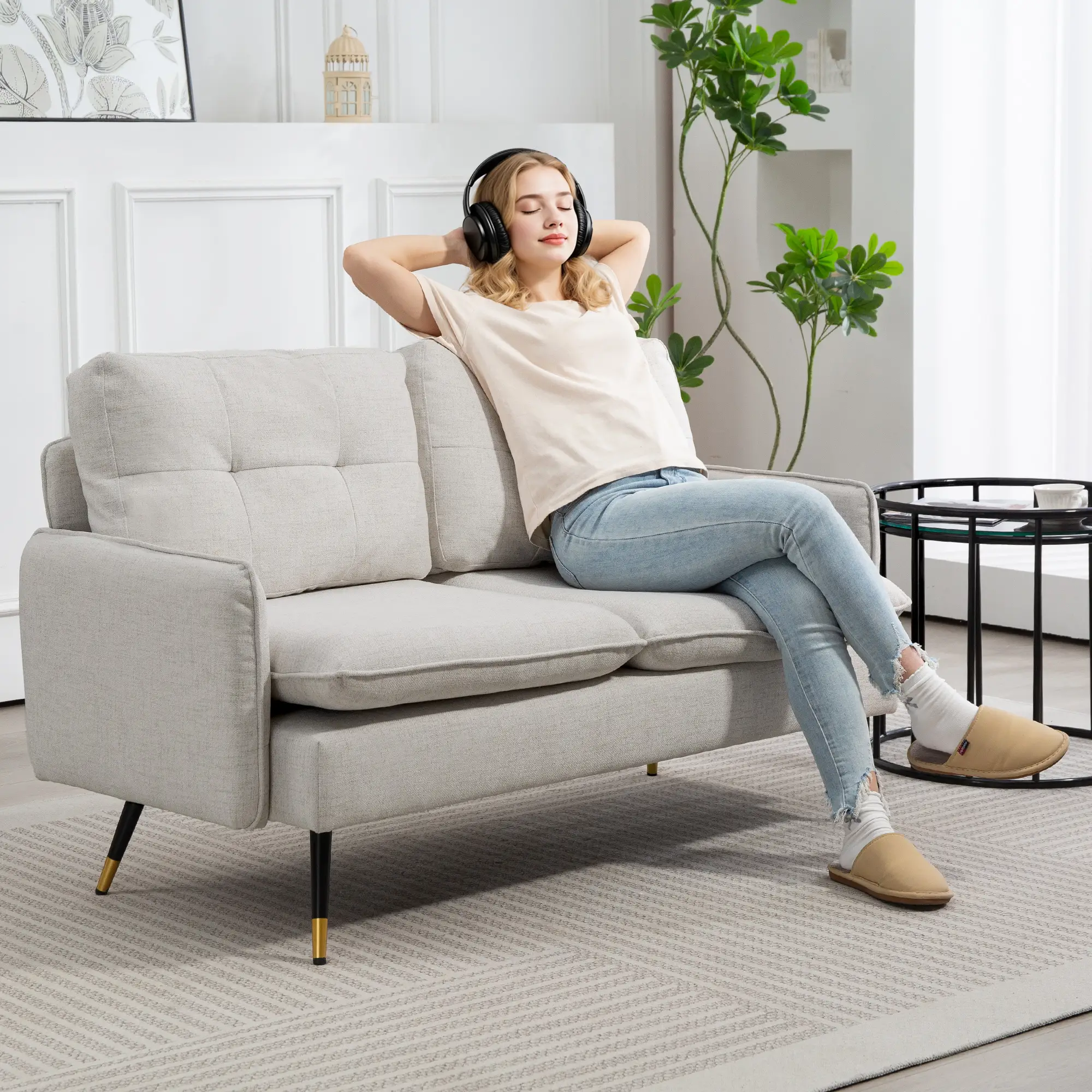 55" Loveseat, Fabric Sofa, Button Tufted Back, Steel Legs, Cream White - Image 10