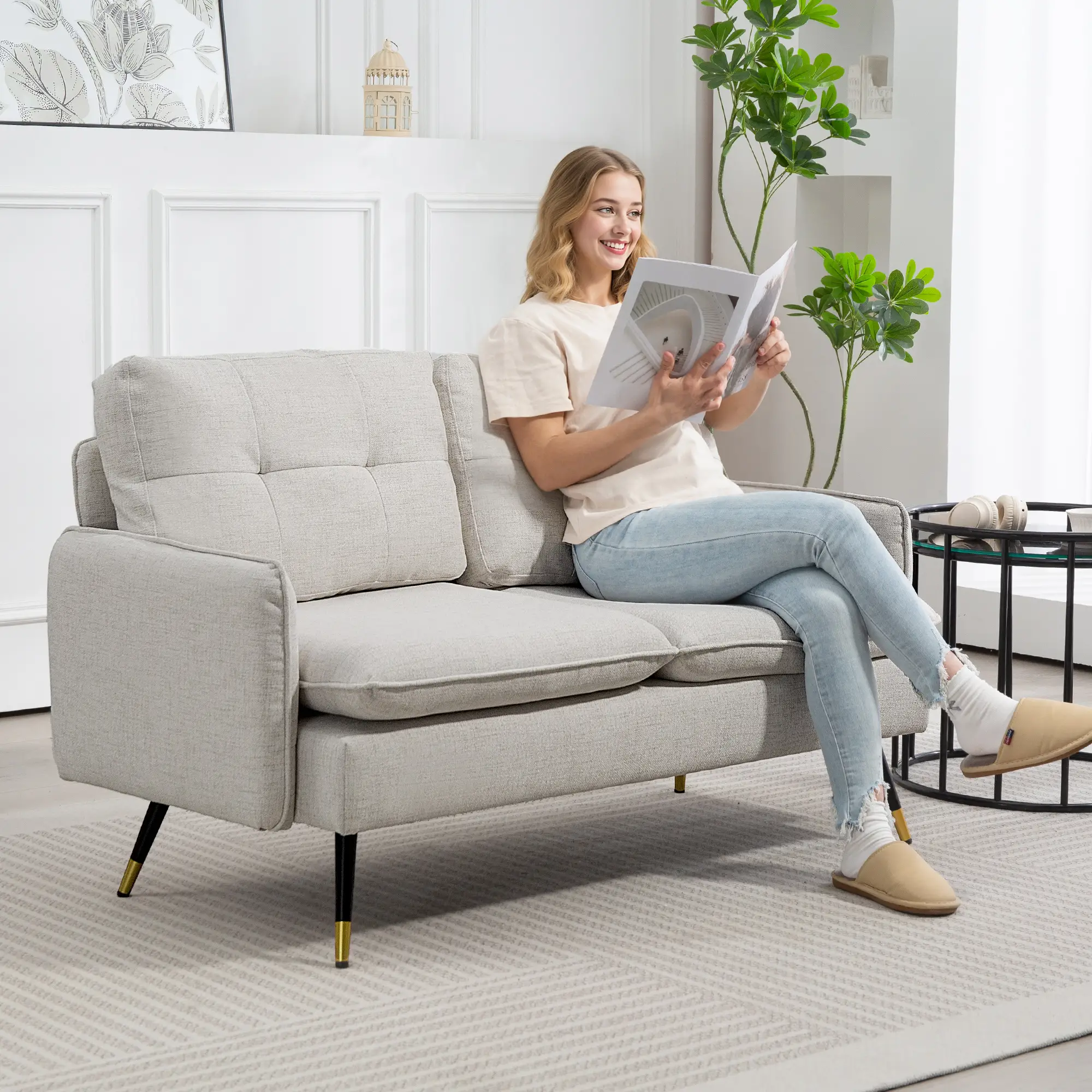 55" Loveseat, Fabric Sofa, Button Tufted Back, Steel Legs, Cream White - Image 2