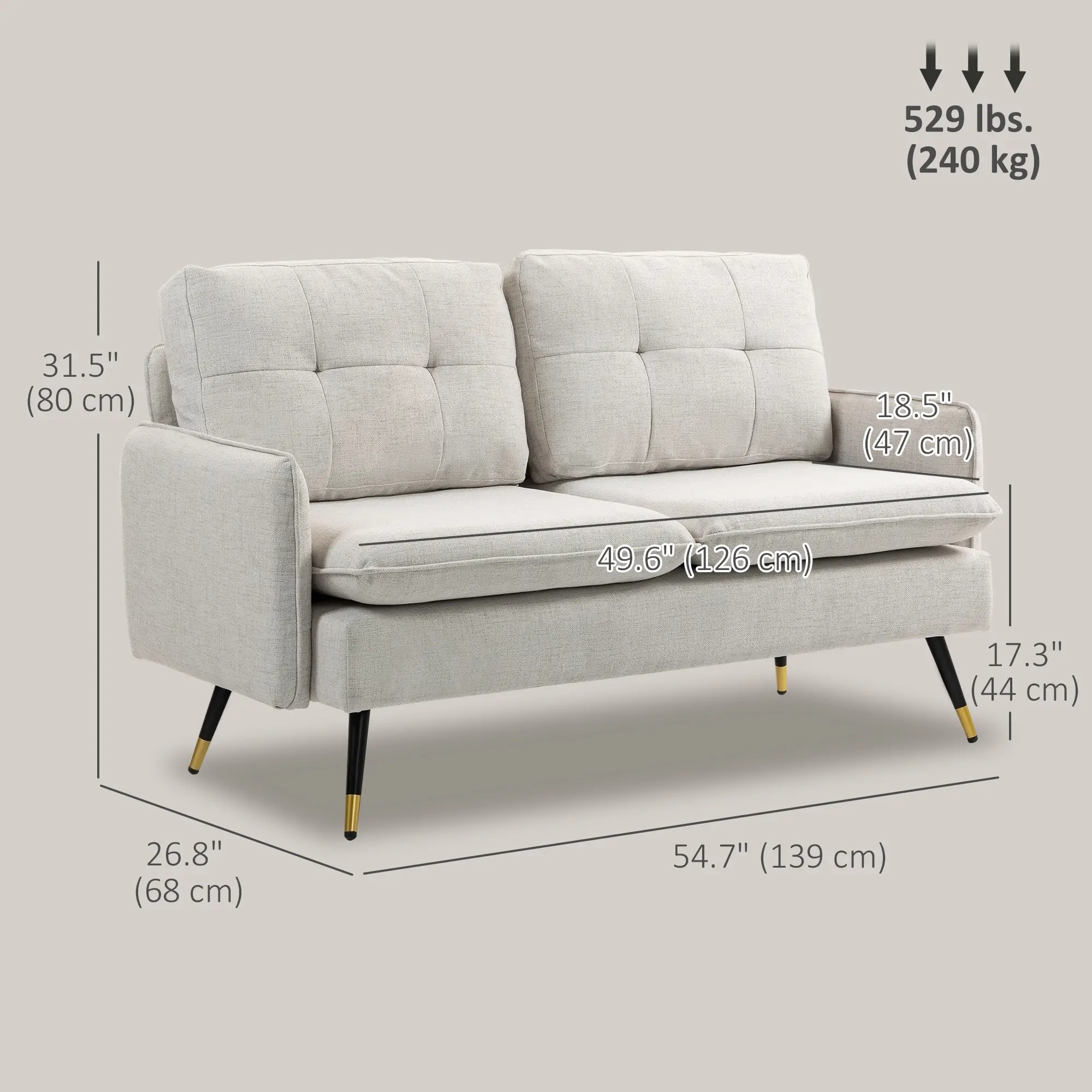 55" Loveseat, Fabric Sofa, Button Tufted Back, Steel Legs, Cream White - Image 3