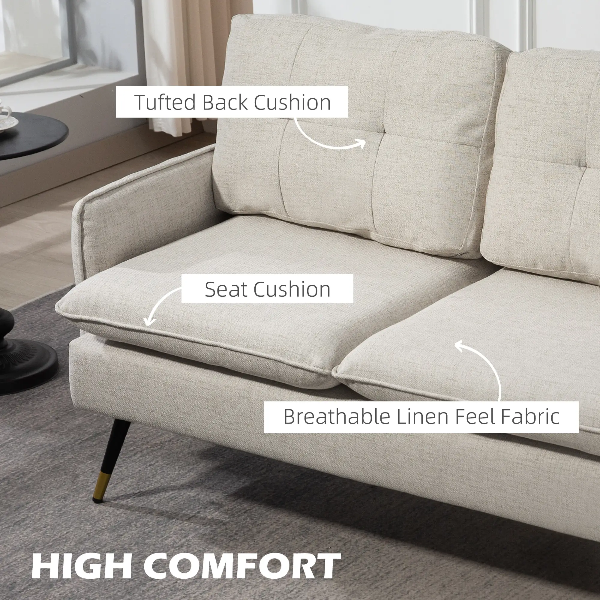 55" Loveseat, Fabric Sofa, Button Tufted Back, Steel Legs, Cream White - Image 4