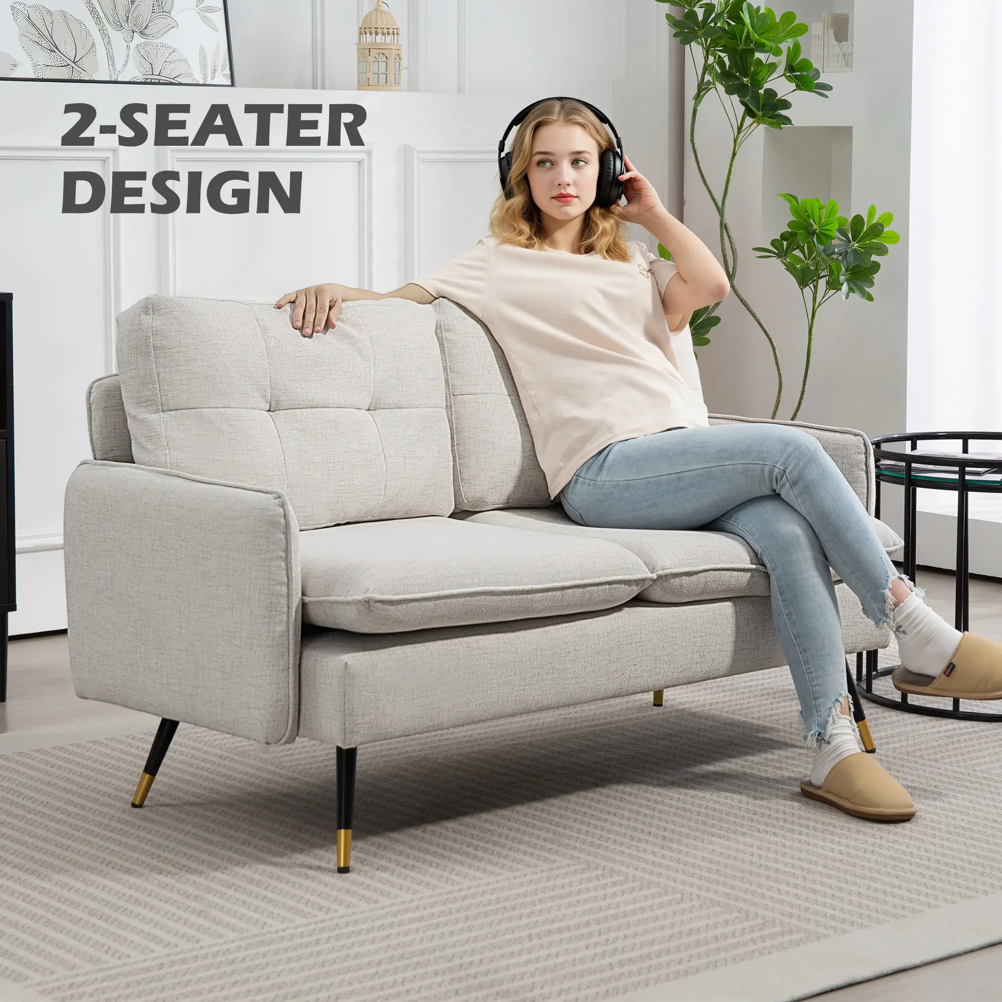 55" Loveseat, Fabric Sofa, Button Tufted Back, Steel Legs, Cream White - Image 6