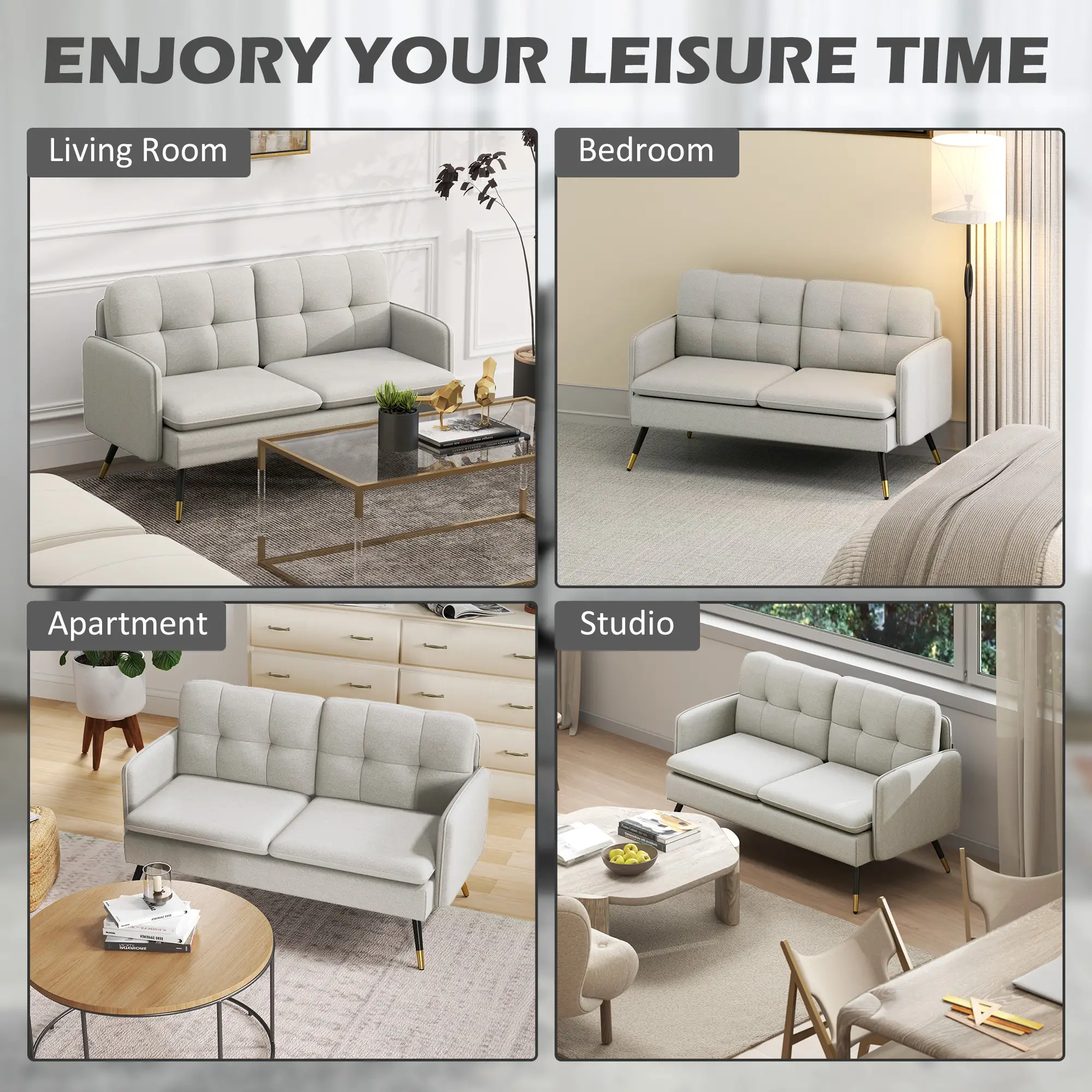 55" Loveseat, Fabric Sofa, Button Tufted Back, Steel Legs, Cream White - Image 7