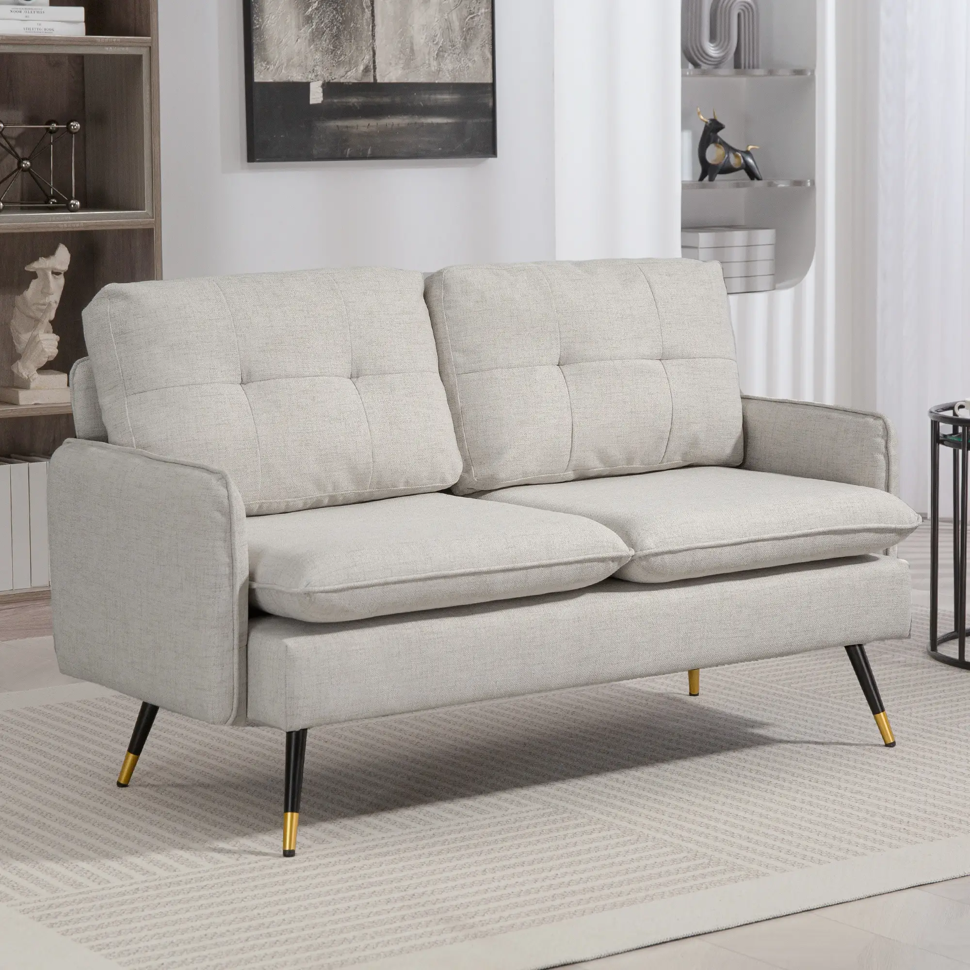 55" Loveseat, Fabric Sofa, Button Tufted Back, Steel Legs, Cream White - Image 8