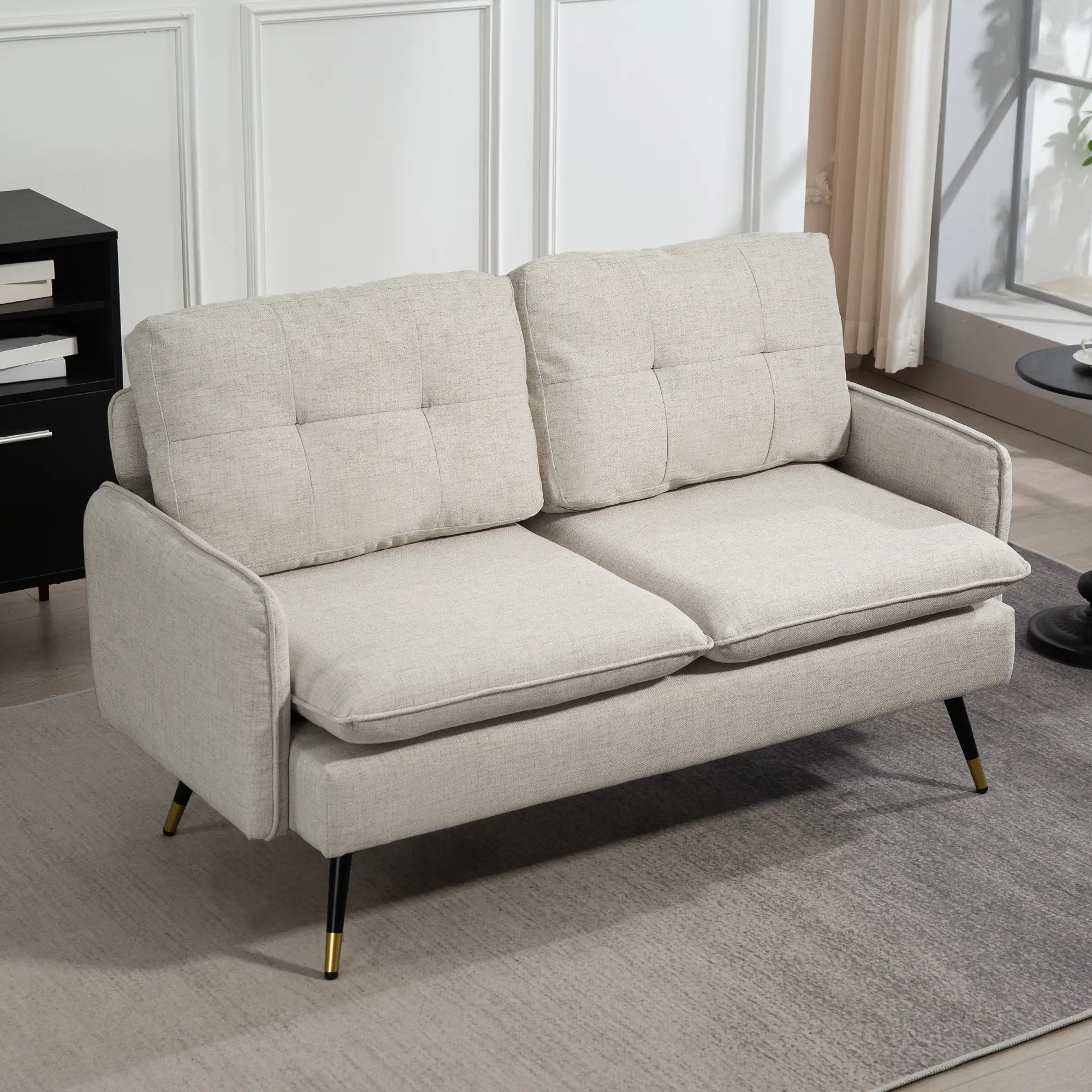 55" Loveseat, Fabric Sofa, Button Tufted Back, Steel Legs, Cream White - Image 9