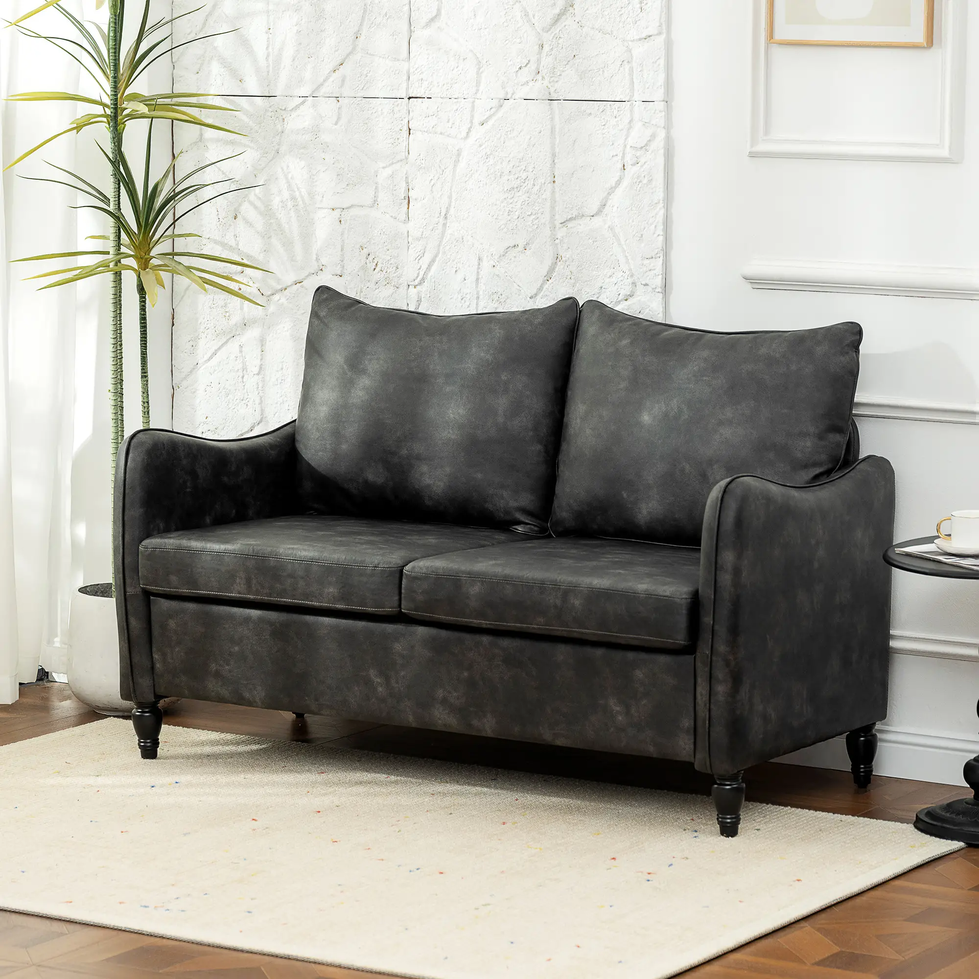 55" Loveseat Sofa, 2 Seater with Wood Legs, PU Leather, Grey - Image 8