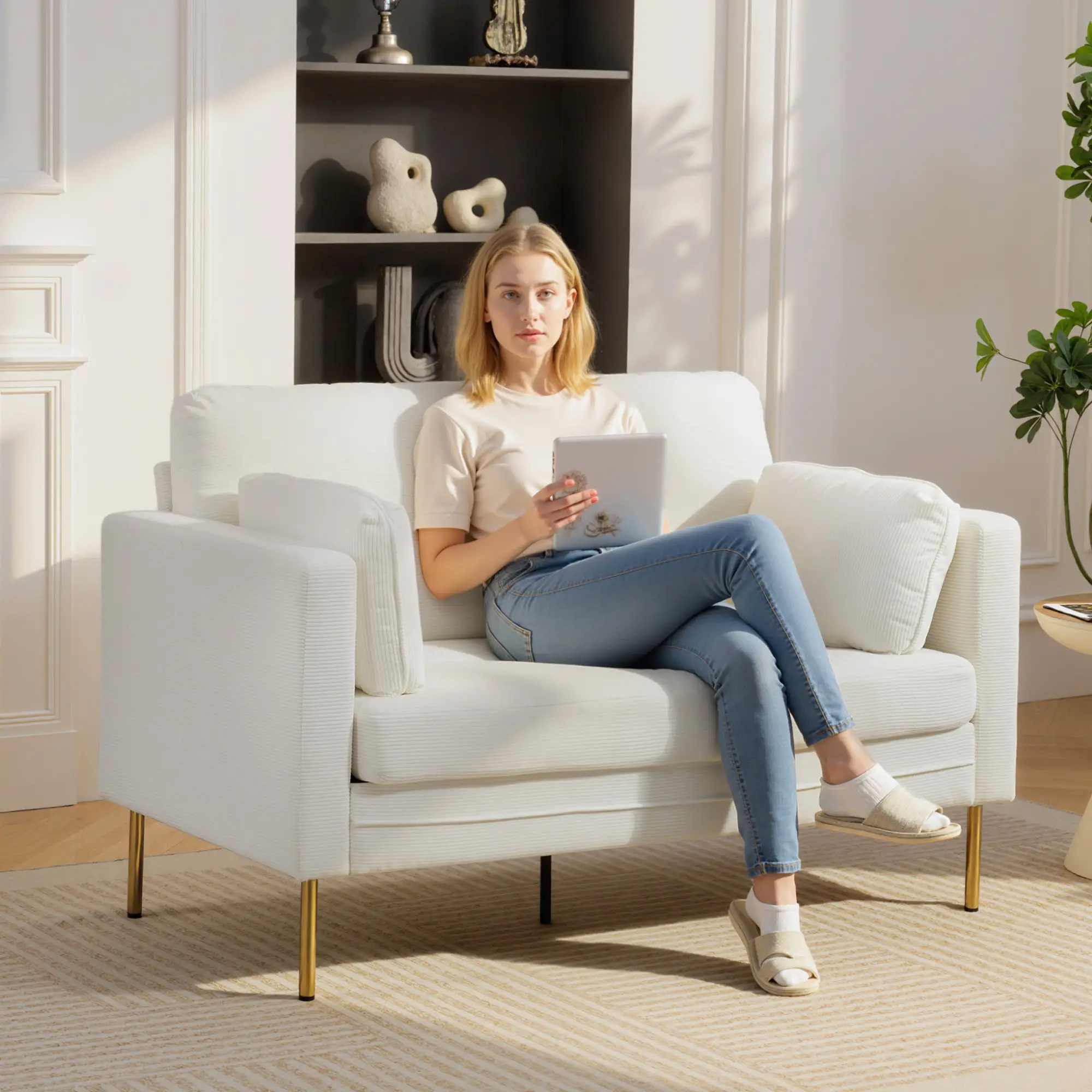 55" Loveseat Sofa, Metal Legs, 2 Pillows, Cream White - Image 2