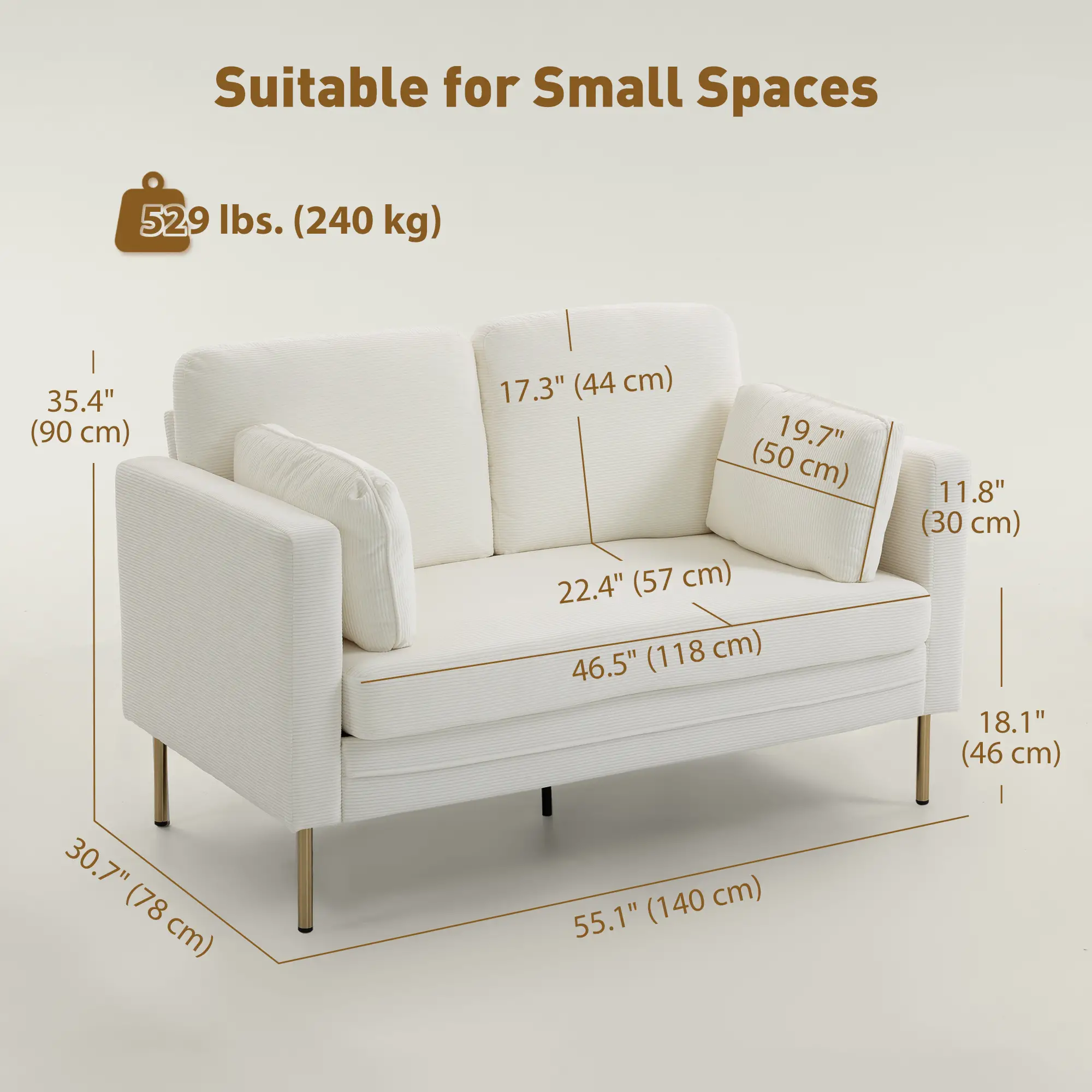55" Loveseat Sofa, Metal Legs, 2 Pillows, Cream White - Image 3