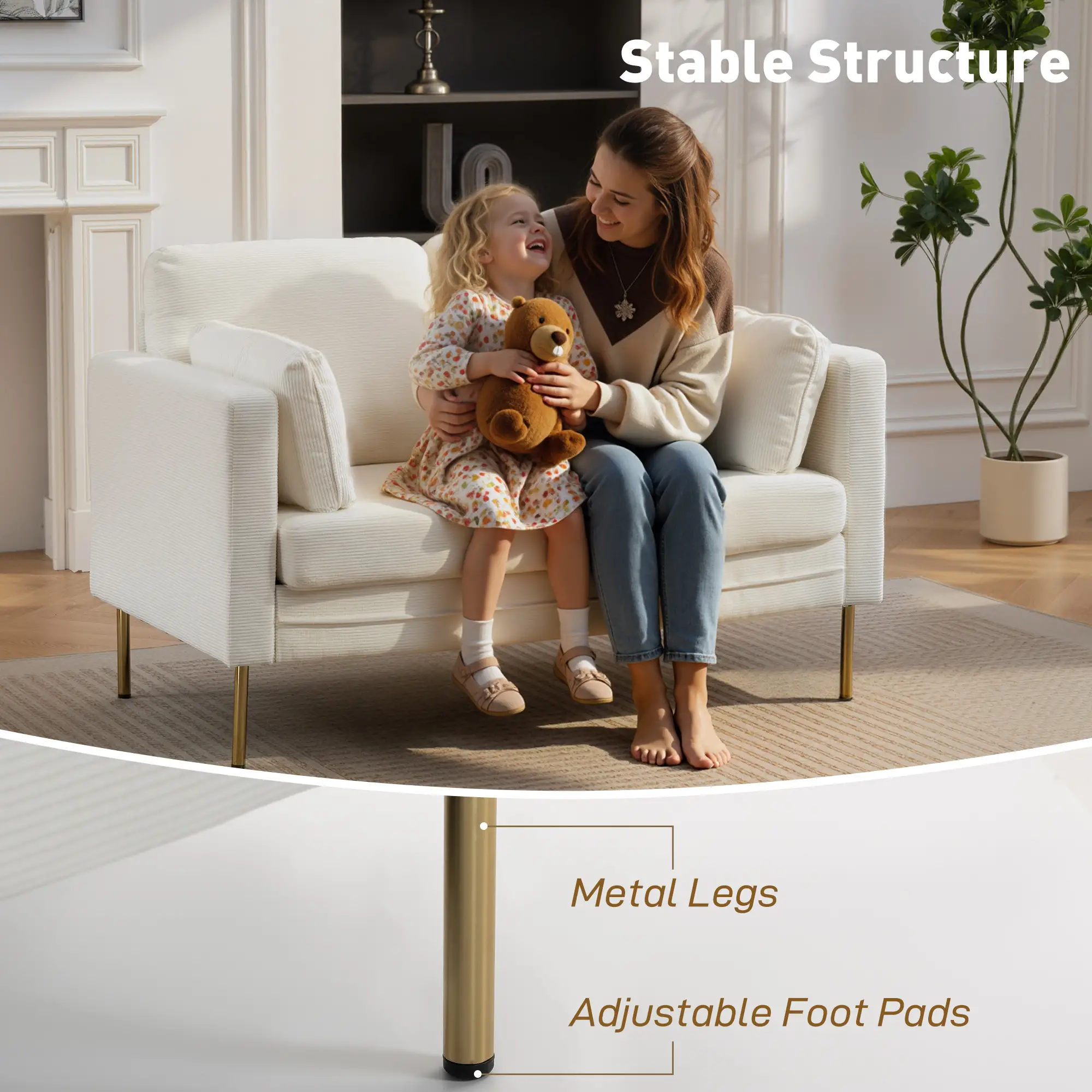 55" Loveseat Sofa, Metal Legs, 2 Pillows, Cream White - Image 5
