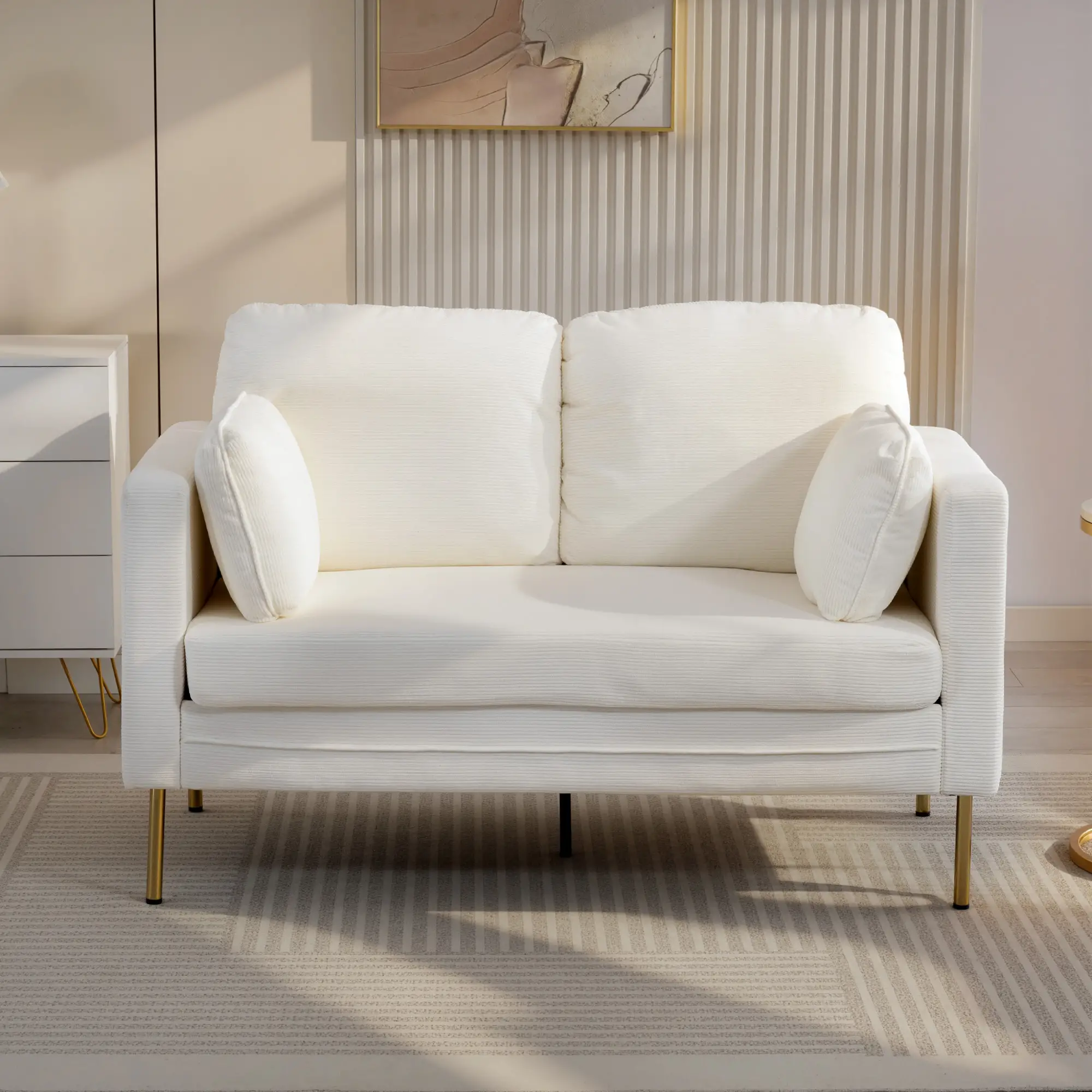 55" Loveseat Sofa, Metal Legs, 2 Pillows, Cream White - Image 7