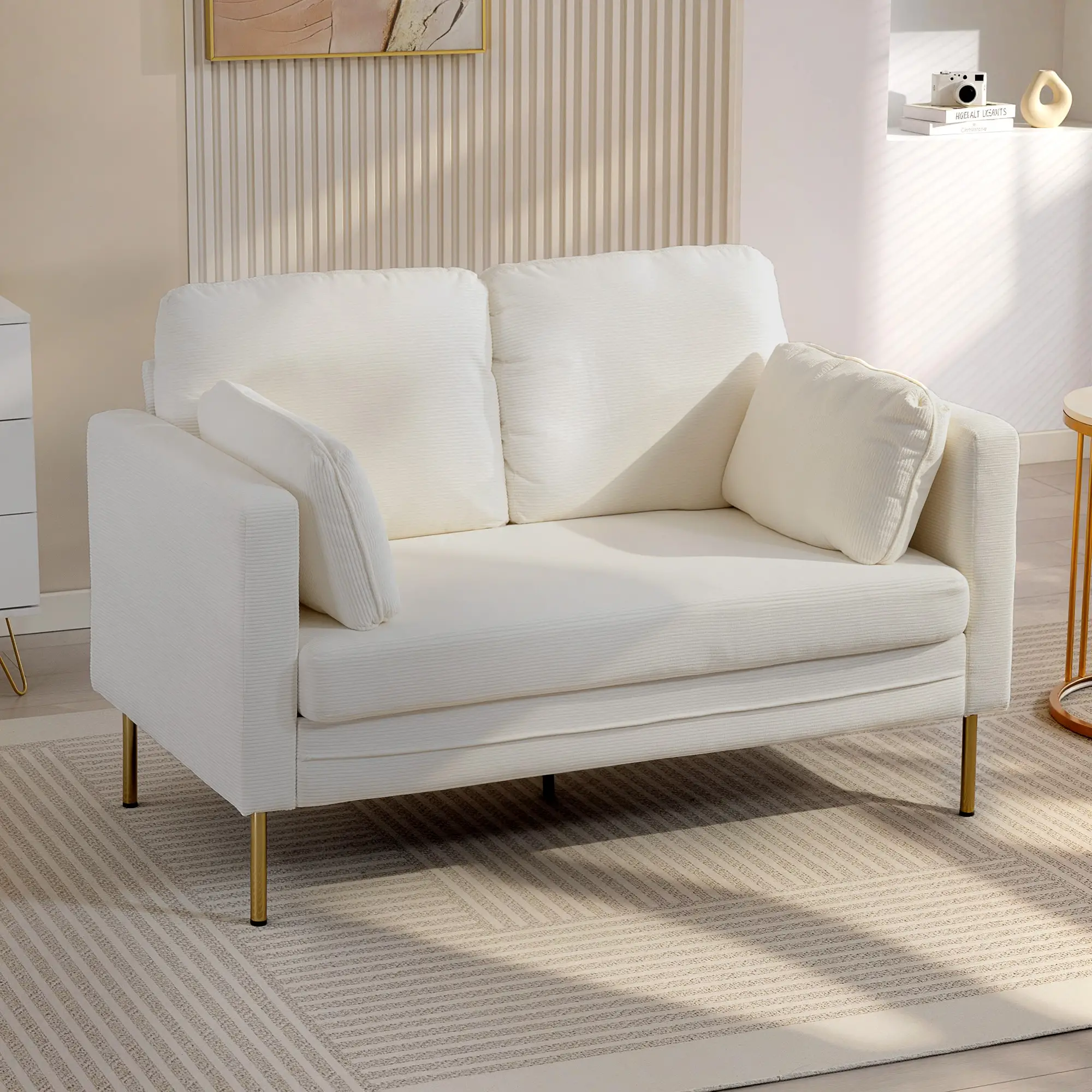 55" Loveseat Sofa, Metal Legs, 2 Pillows, Cream White - Image 8