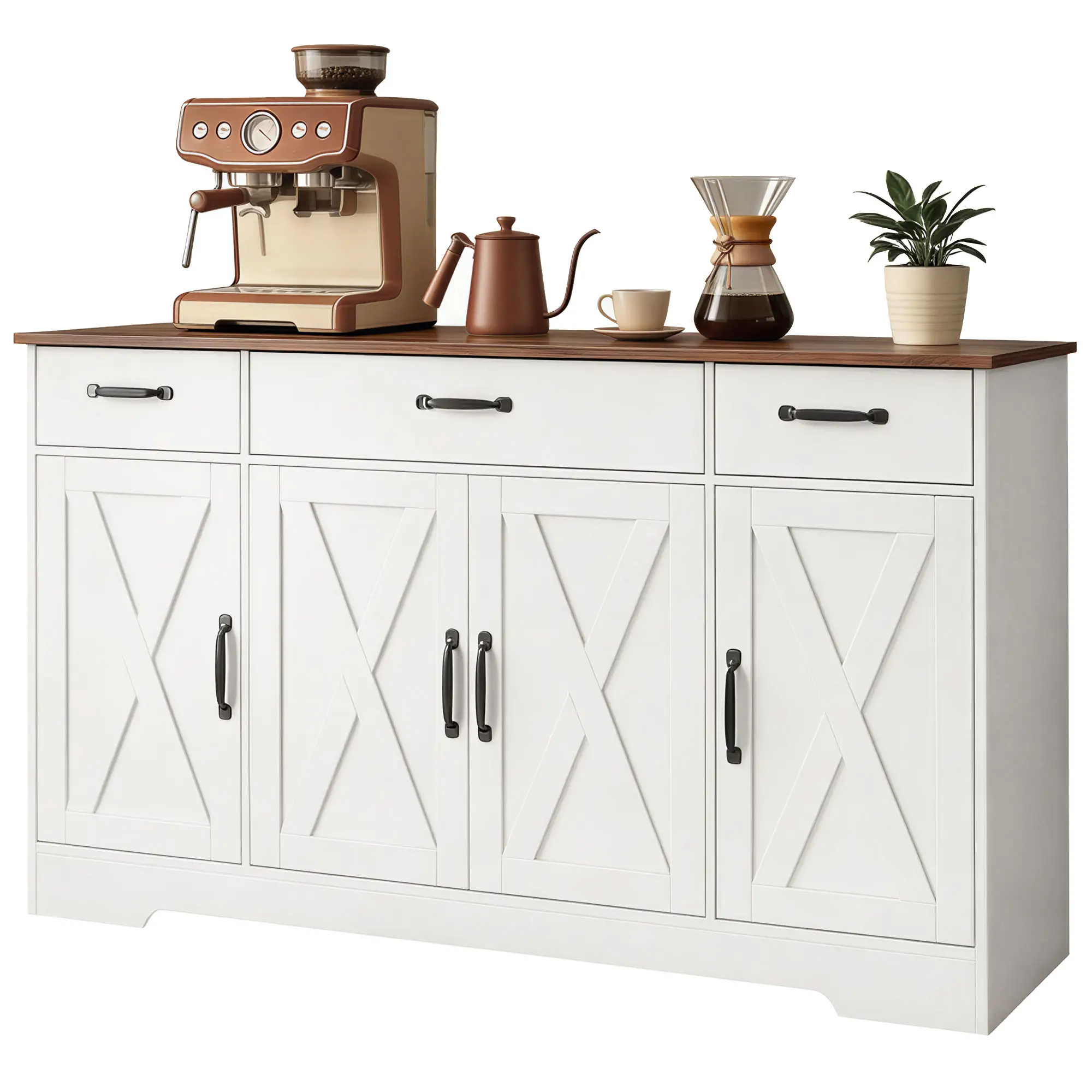 55" White Sideboard Buffet Cabinet, Farmhouse Kitchen With Barn Doors, White