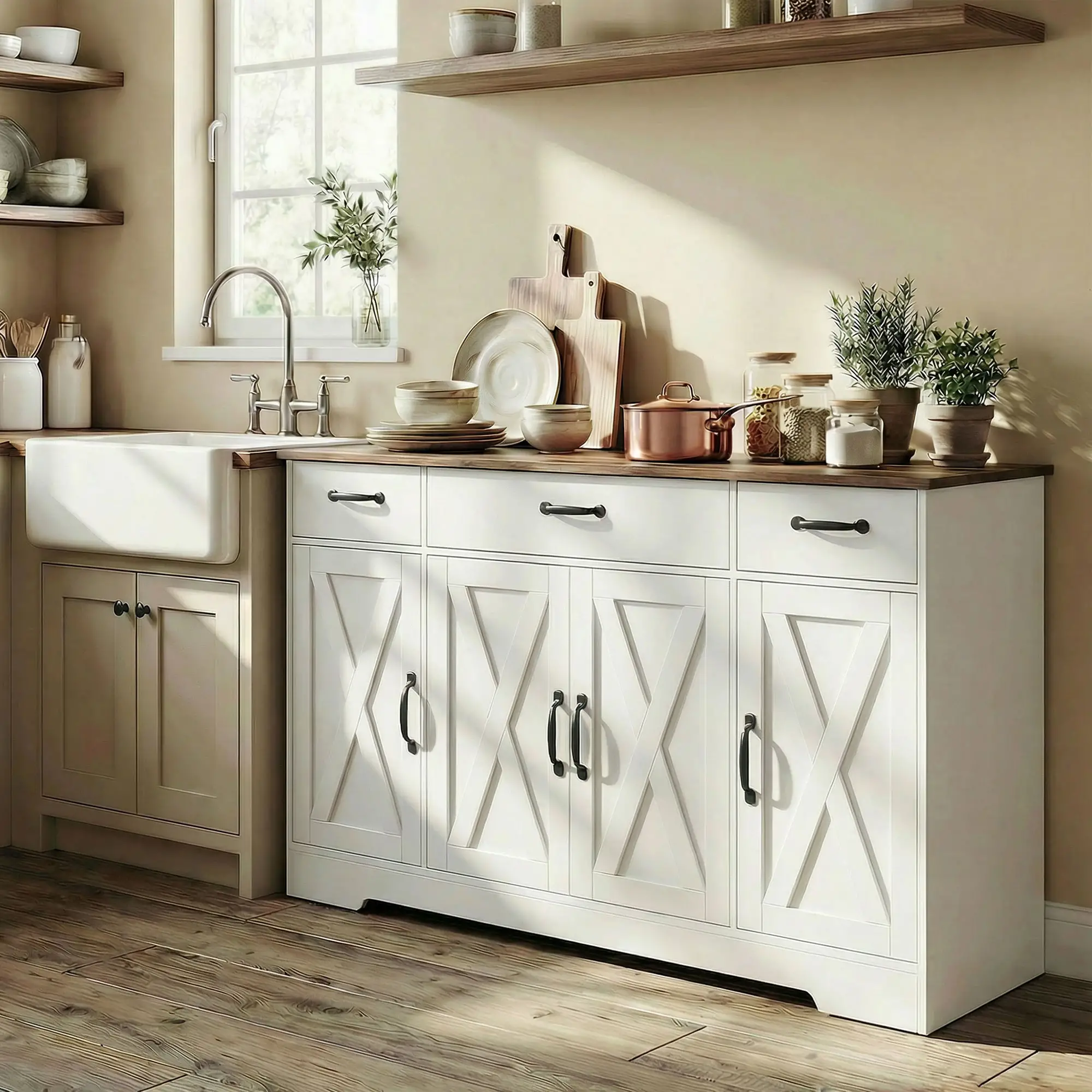 55" White Sideboard Buffet Cabinet, Farmhouse Kitchen With Barn Doors, White - Image 10