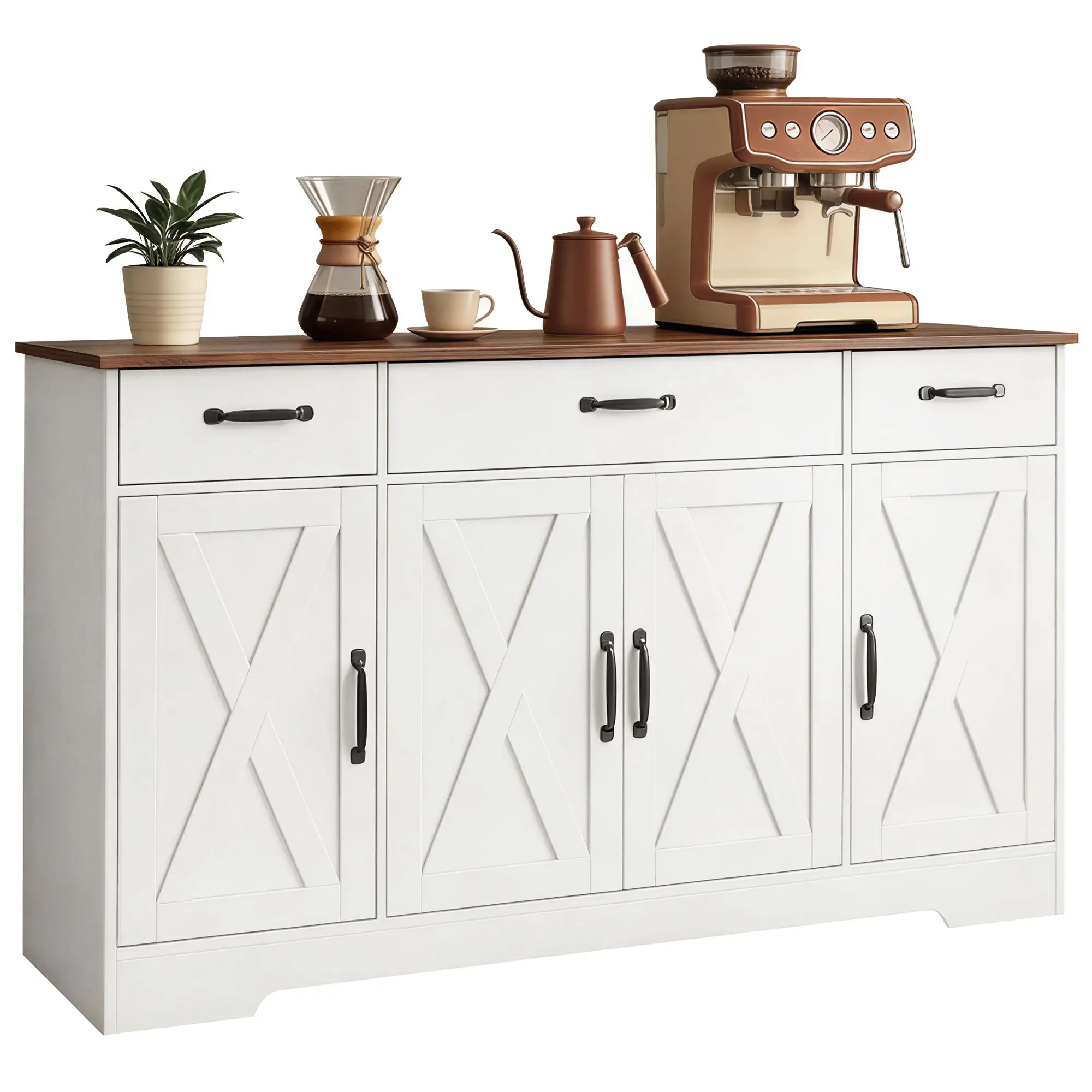 55" White Sideboard Buffet Cabinet, Farmhouse Kitchen With Barn Doors, White - Image 11
