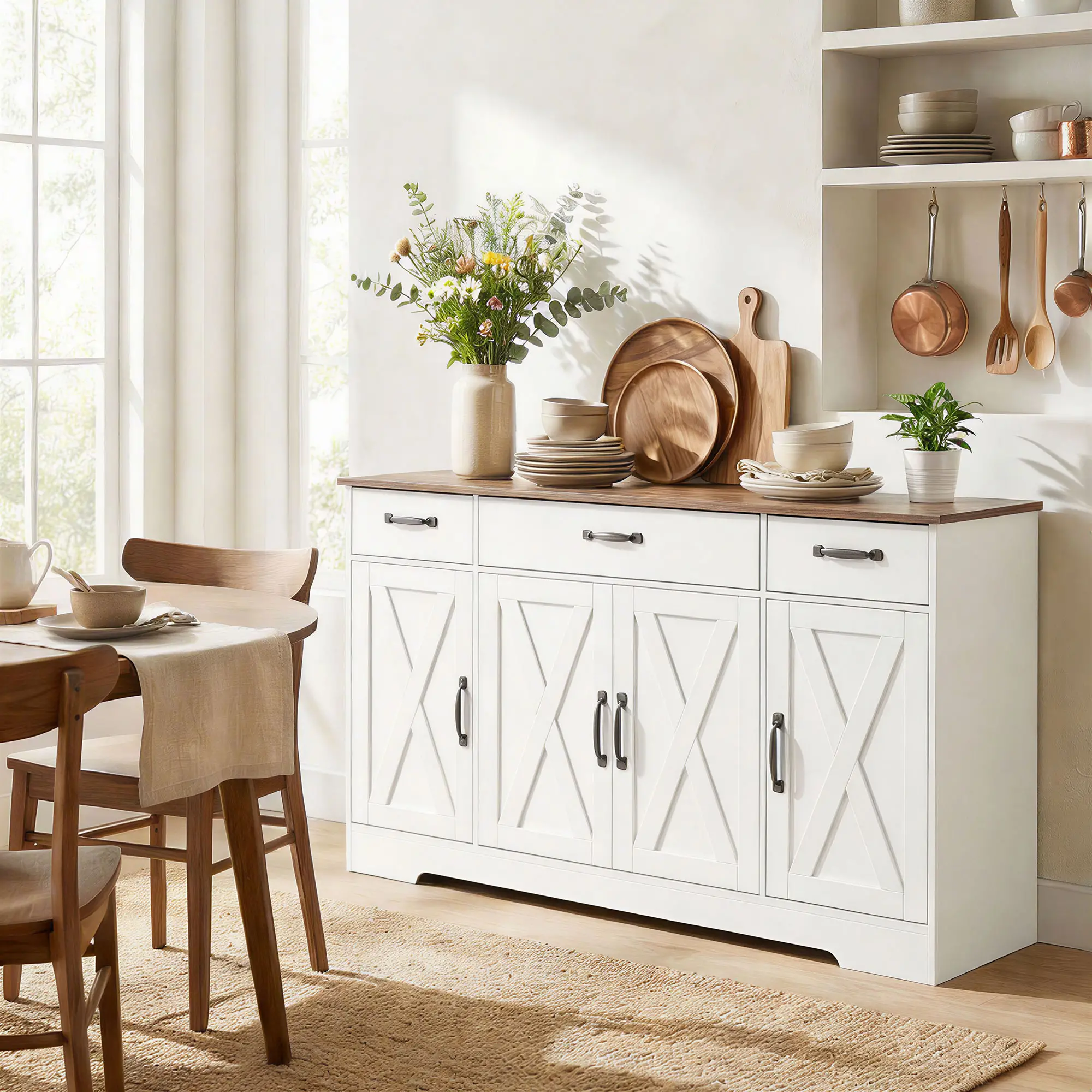 55" White Sideboard Buffet Cabinet, Farmhouse Kitchen With Barn Doors, White - Image 2