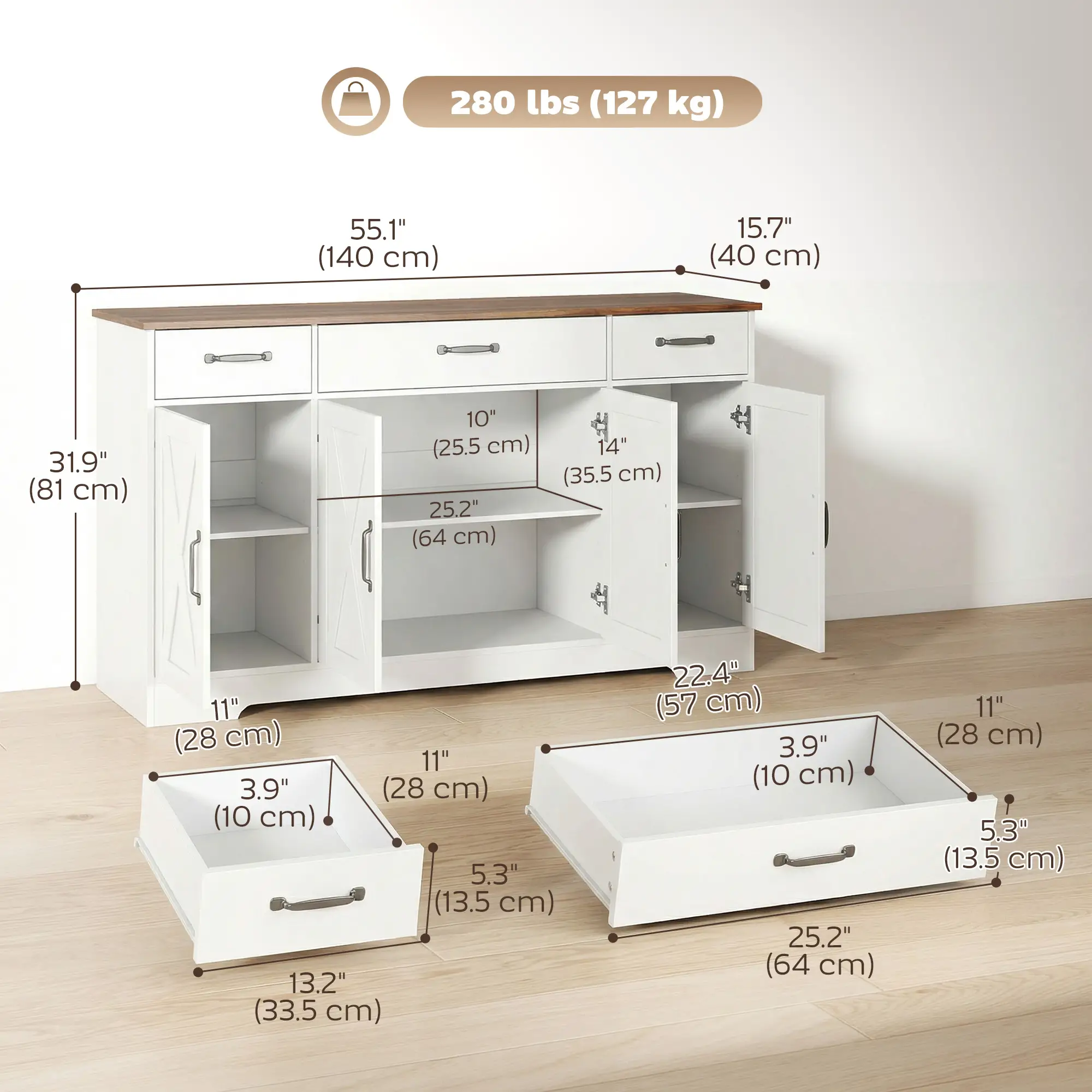 55" White Sideboard Buffet Cabinet, Farmhouse Kitchen With Barn Doors, White - Image 3