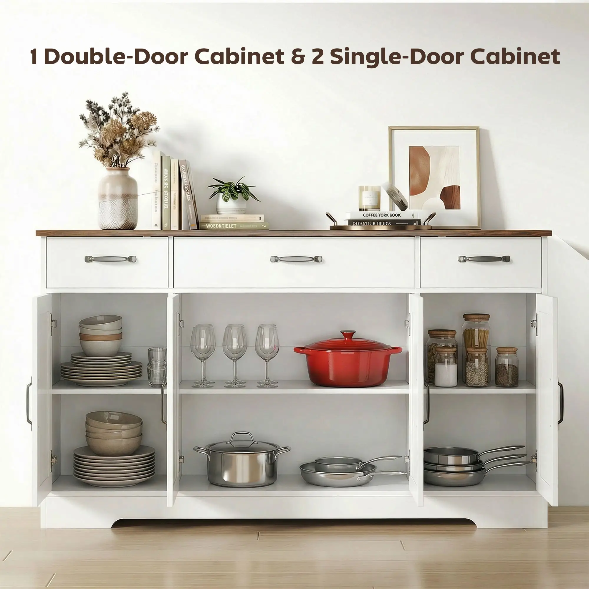 55" White Sideboard Buffet Cabinet, Farmhouse Kitchen With Barn Doors, White - Image 4