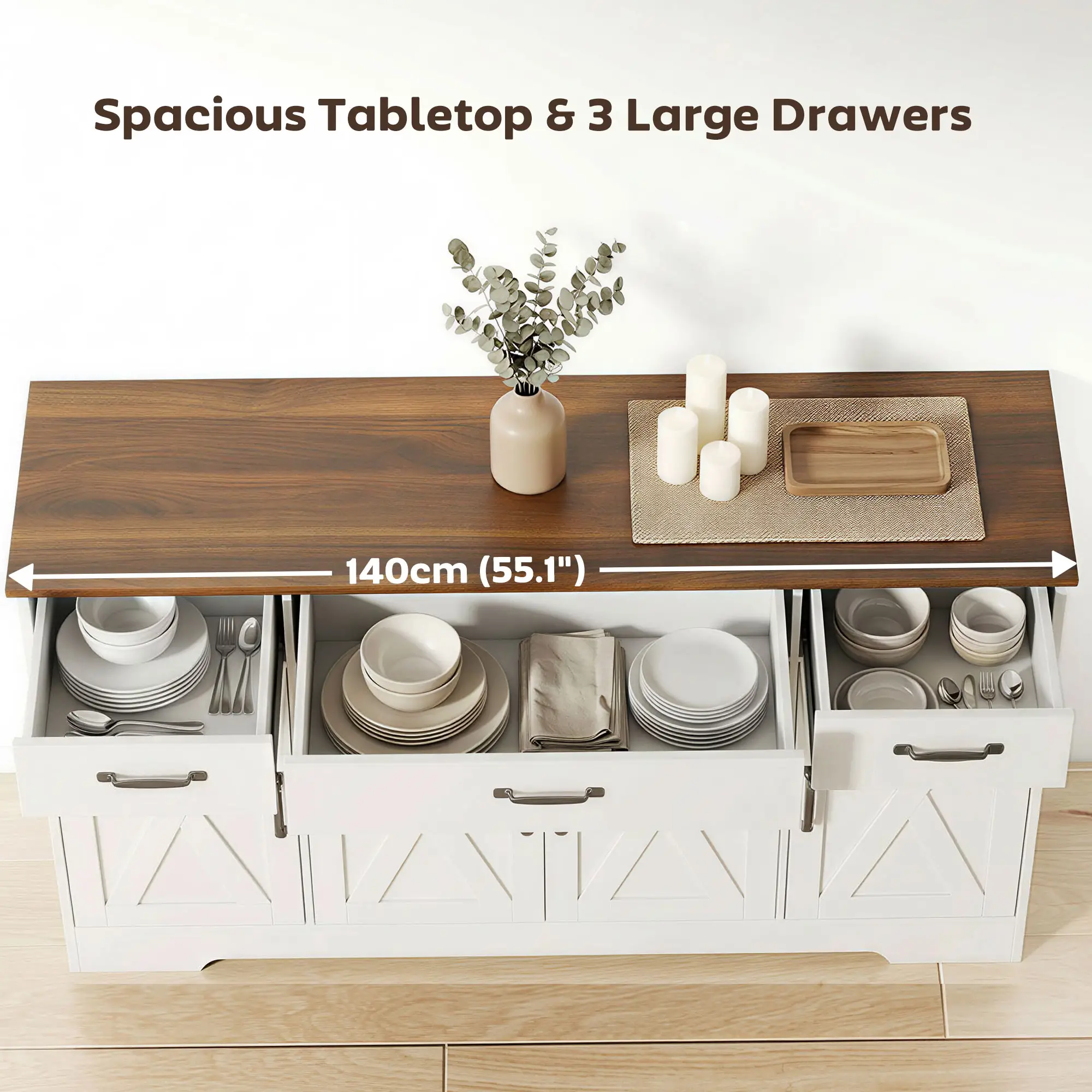 55" White Sideboard Buffet Cabinet, Farmhouse Kitchen With Barn Doors, White - Image 5