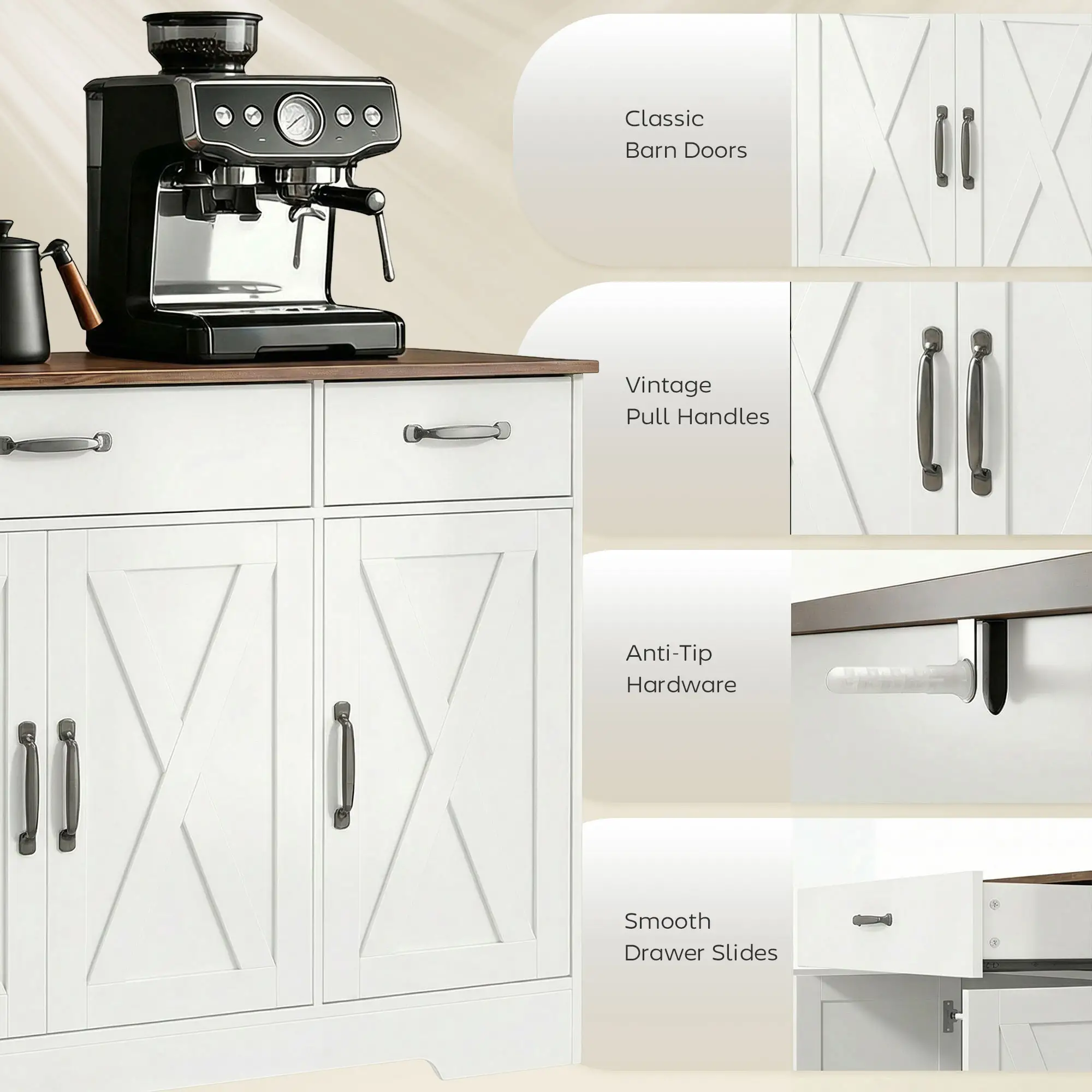 55" White Sideboard Buffet Cabinet, Farmhouse Kitchen With Barn Doors, White - Image 7