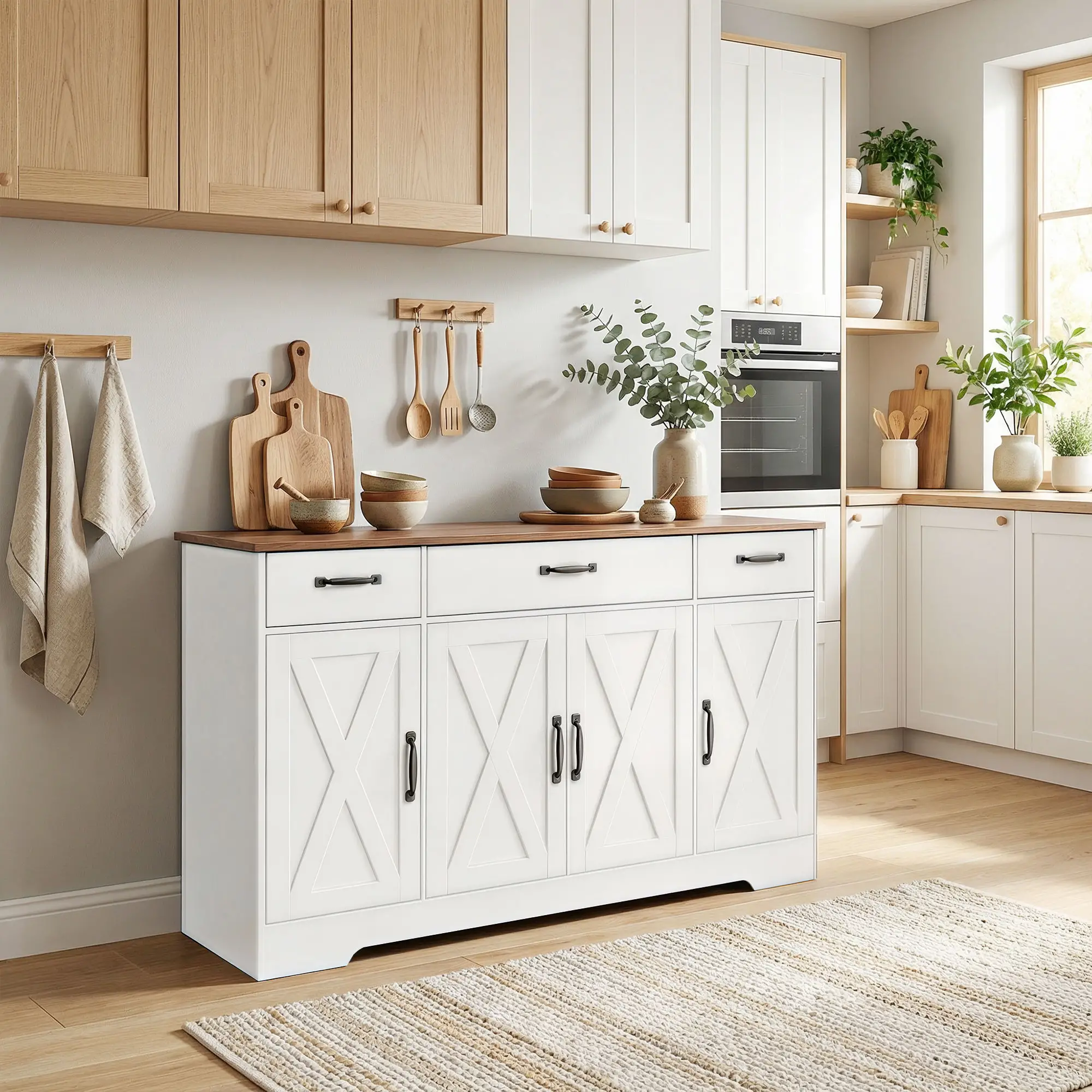 55" White Sideboard Buffet Cabinet, Farmhouse Kitchen With Barn Doors, White - Image 8