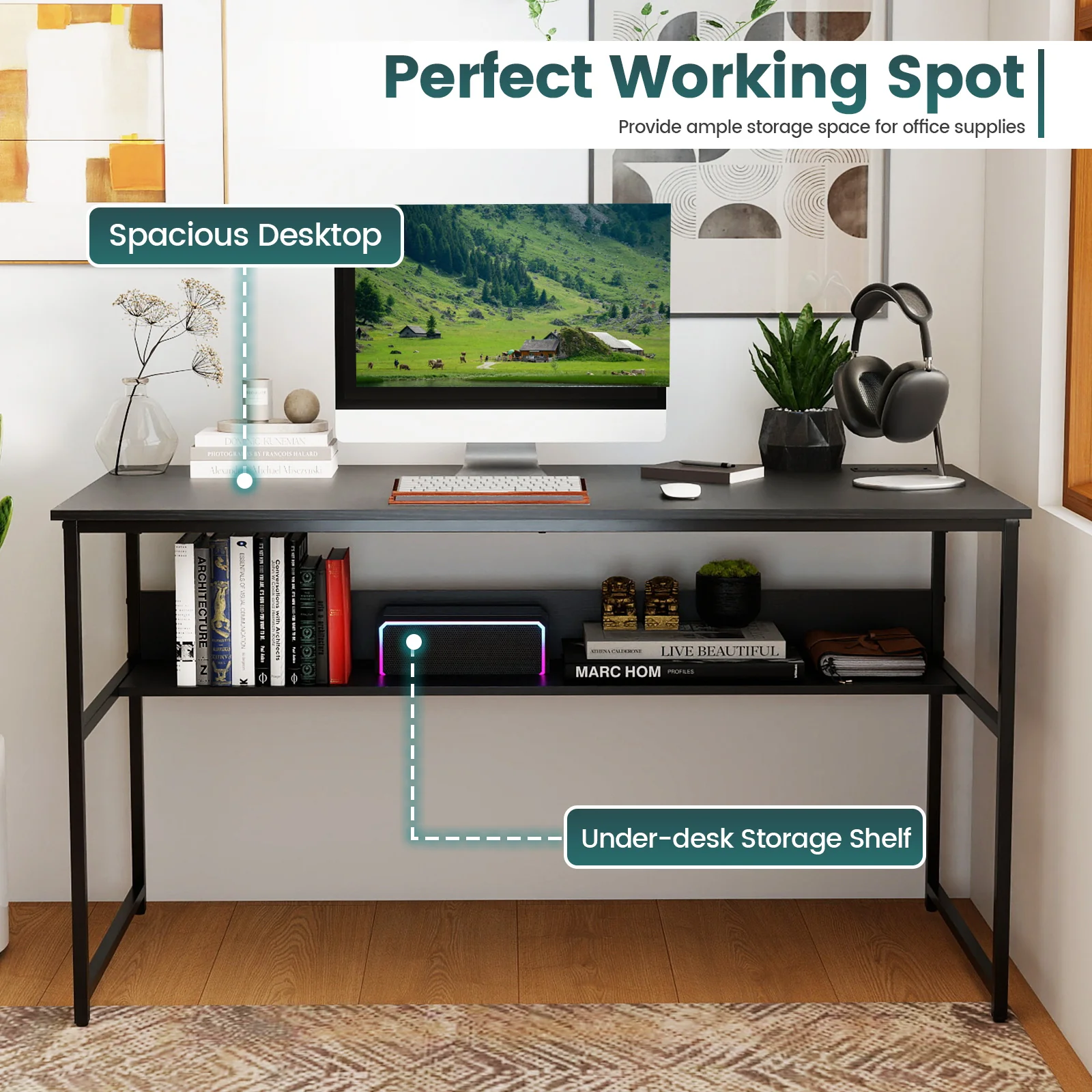 55 x 24 Inch Computer Desk With Power Outlets, USB Ports, Black - Image 10
