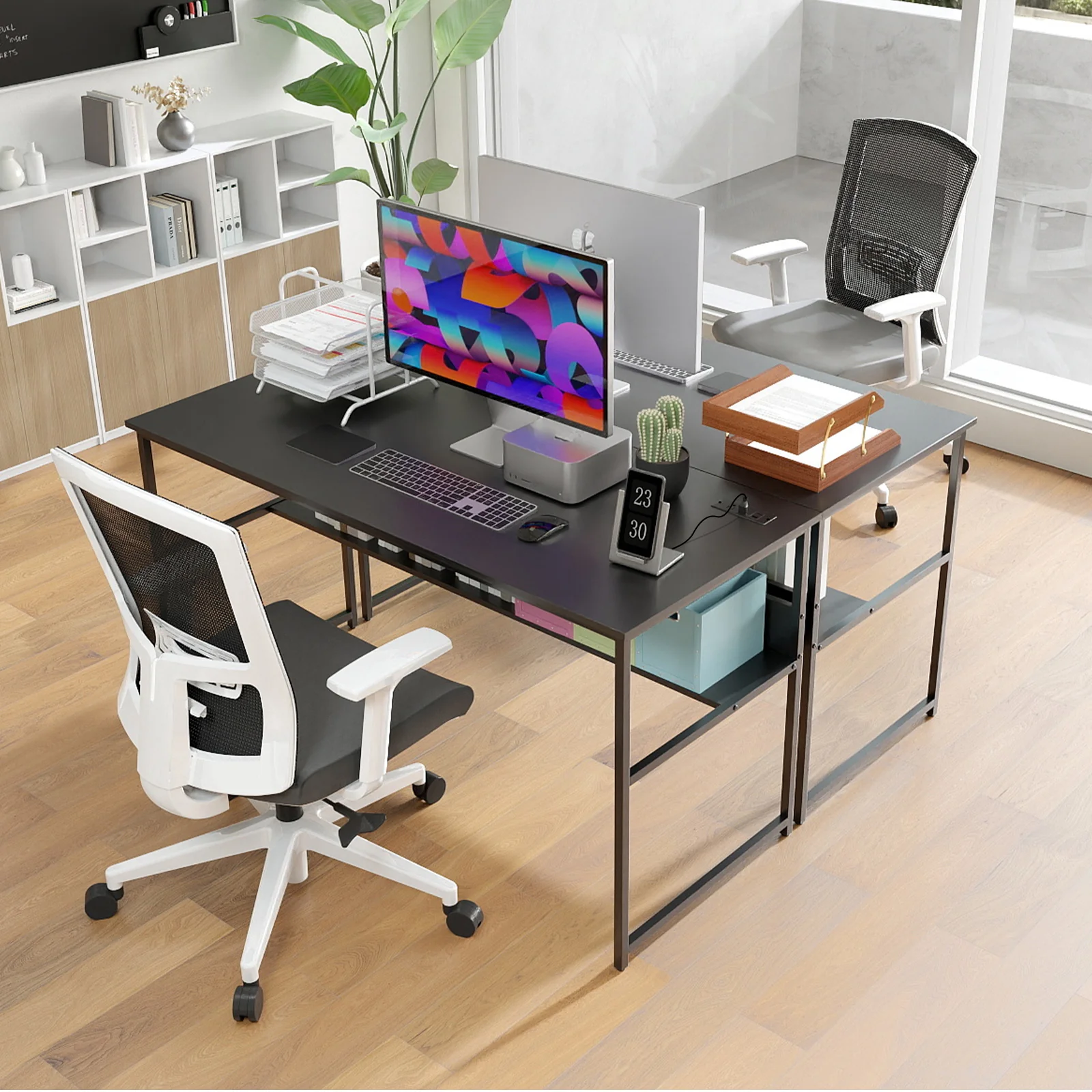 55 x 24 Inch Computer Desk With Power Outlets, USB Ports, Black - Image 2