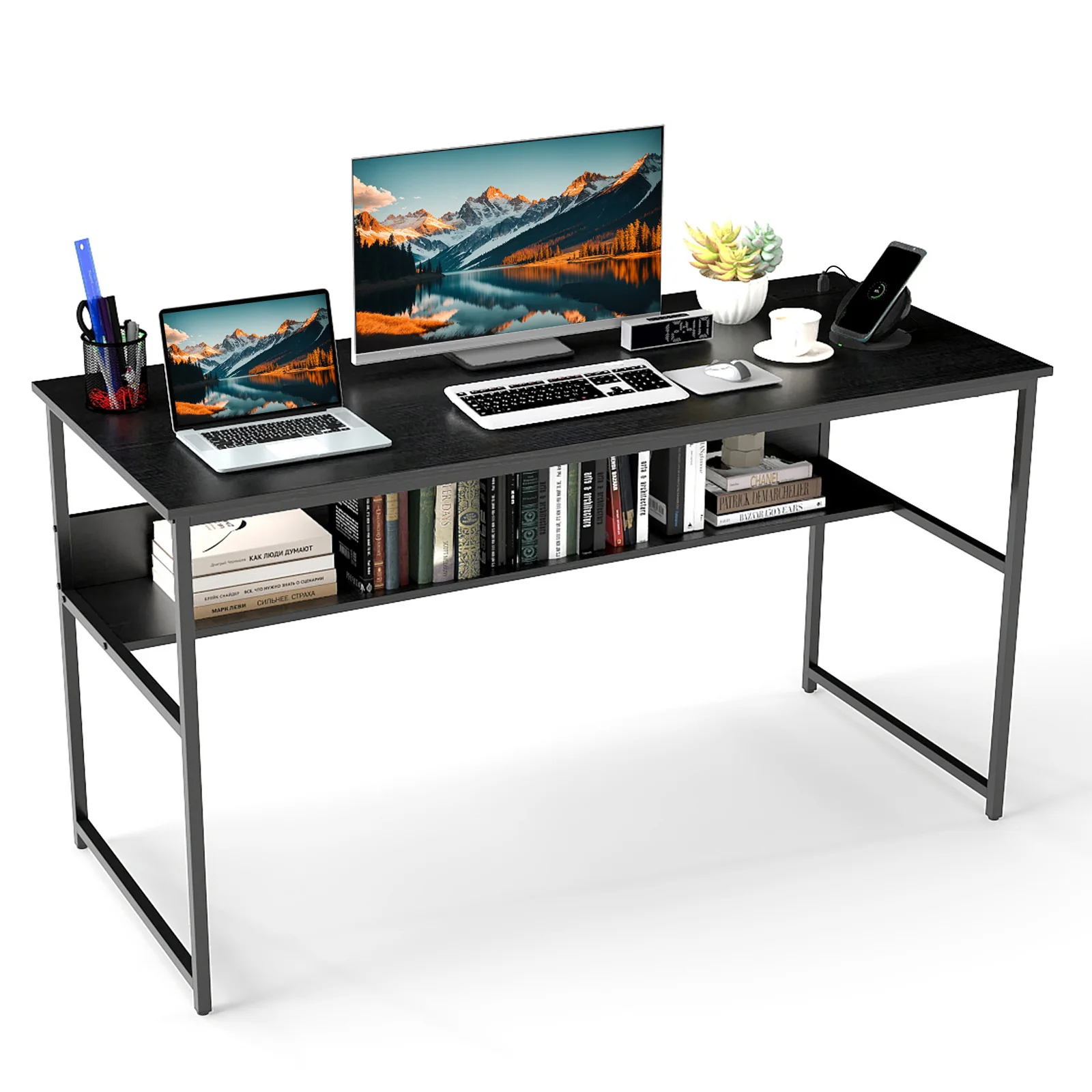 55 x 24 Inch Computer Desk With Power Outlets, USB Ports, Black - Image 4