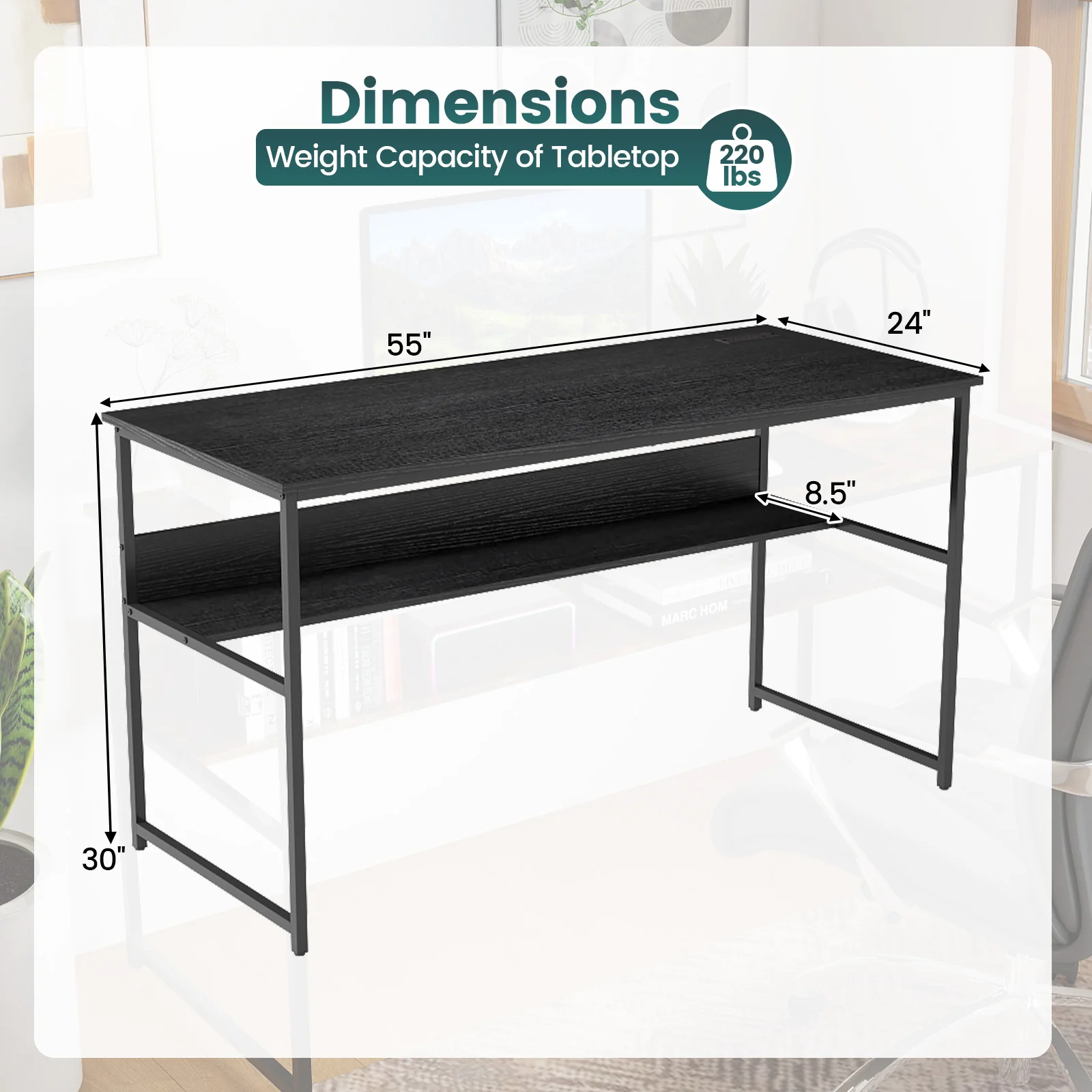 55 x 24 Inch Computer Desk With Power Outlets, USB Ports, Black - Image 6
