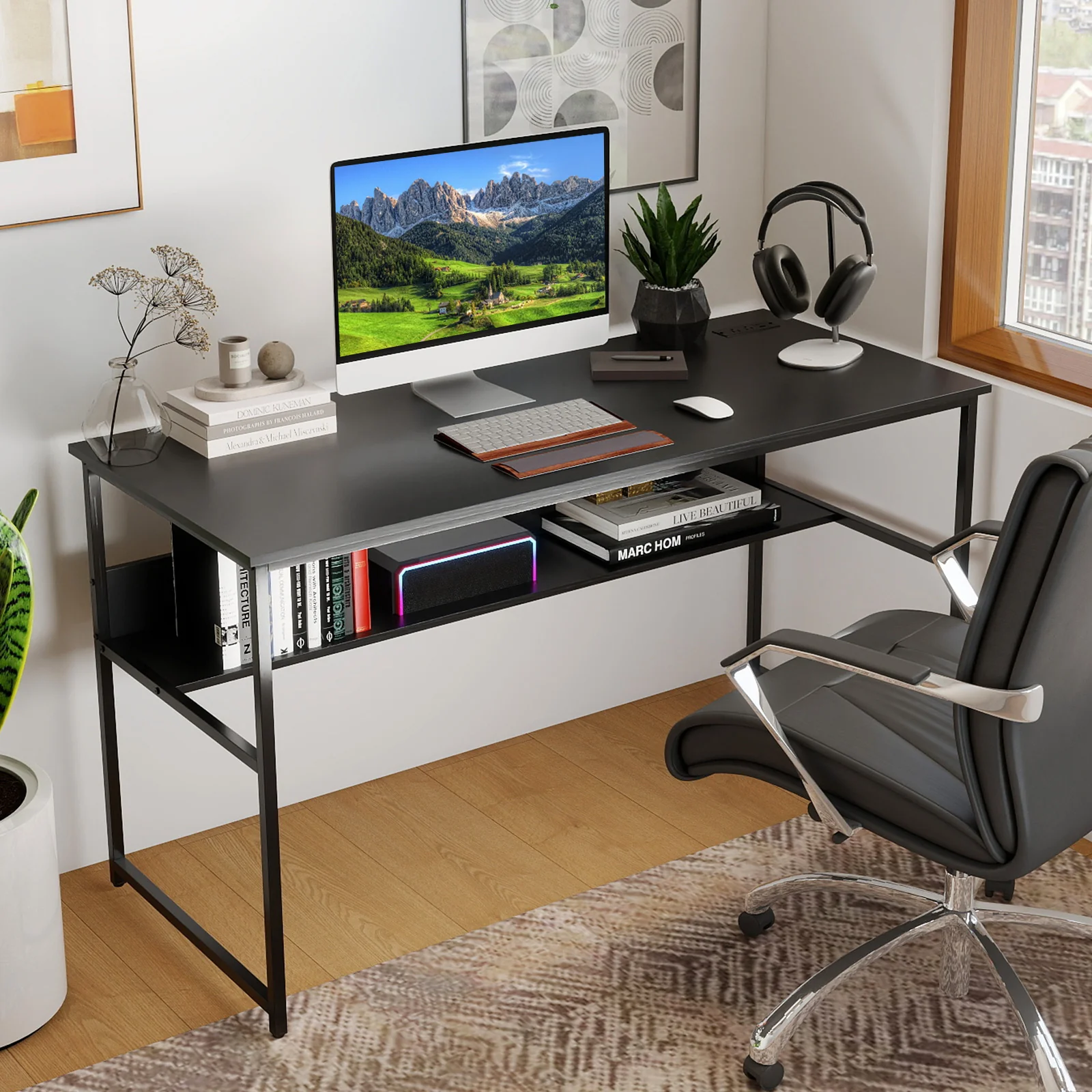 55 x 24 Inch Computer Desk With Power Outlets, USB Ports, Black - Image 7
