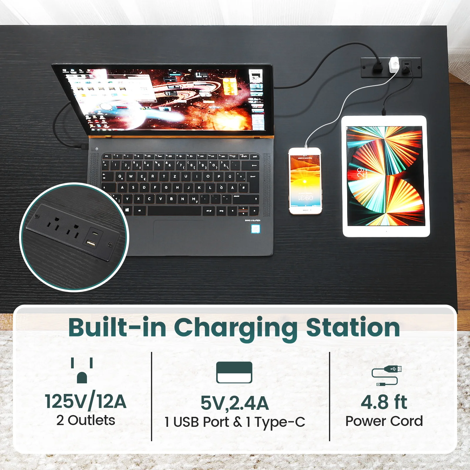 55 x 24 Inch Computer Desk With Power Outlets, USB Ports, Black - Image 9