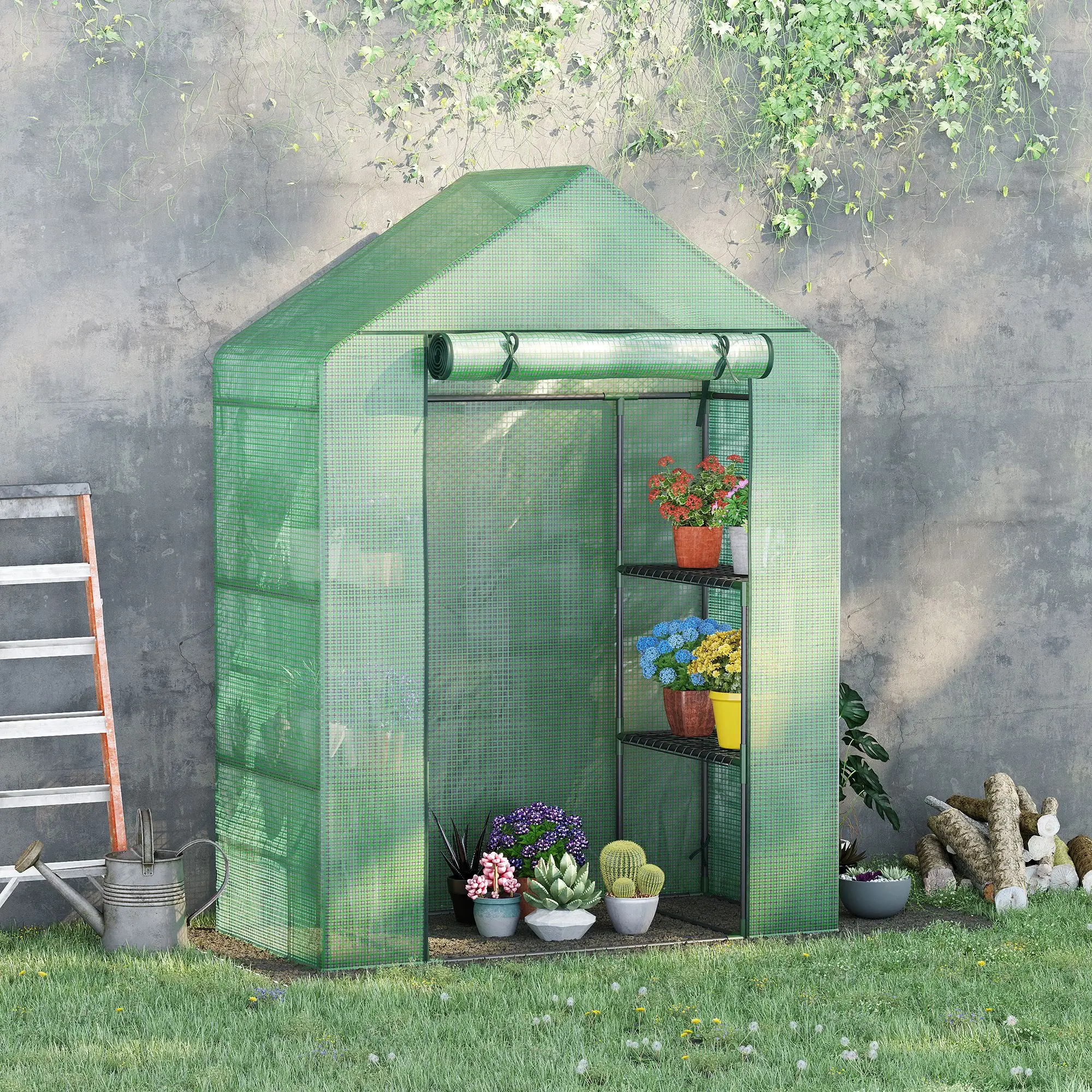 55" x 28" x 75" Walk-in Greenhouse, Portable Garden House, 4 Shelves, PE Cover, Green - Image 2