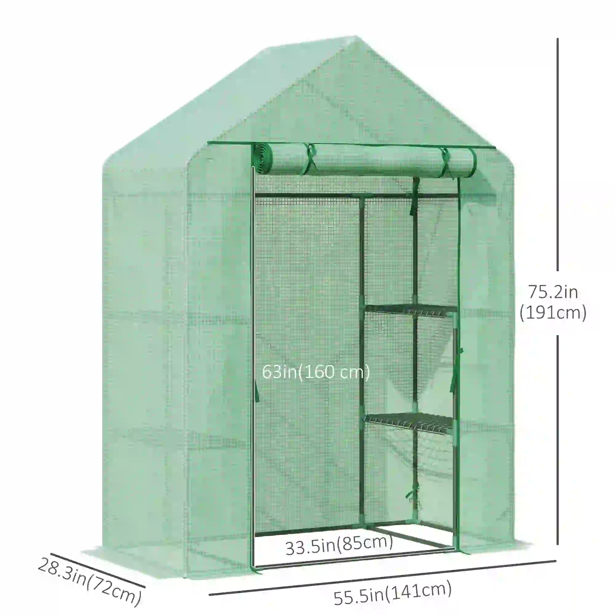 55" x 28" x 75" Walk-in Greenhouse, Portable Garden House, 4 Shelves, PE Cover, Green - Image 3