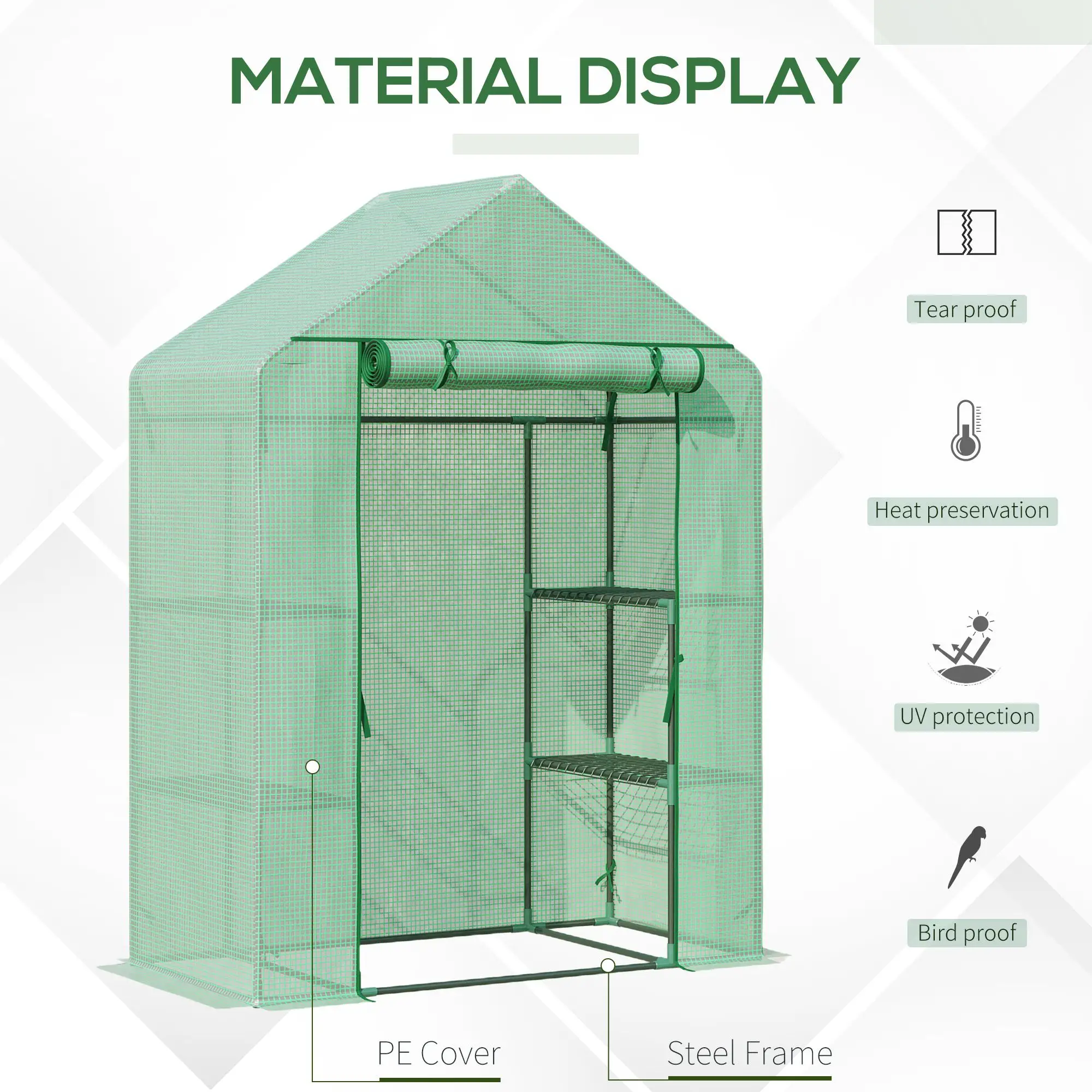 55" x 28" x 75" Walk-in Greenhouse, Portable Garden House, 4 Shelves, PE Cover, Green - Image 4