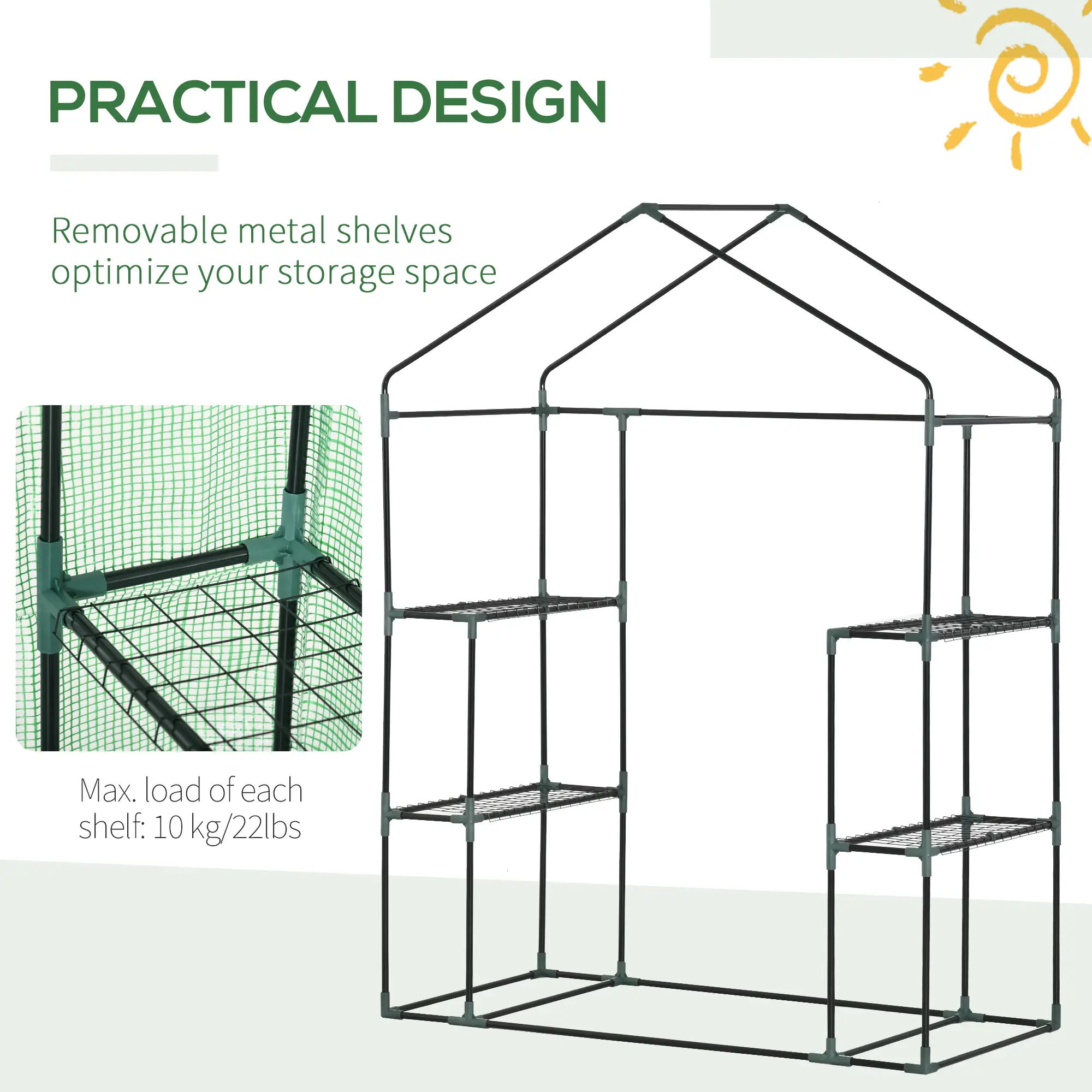 55" x 28" x 75" Walk-in Greenhouse, Portable Garden House, 4 Shelves, PE Cover, Green - Image 7