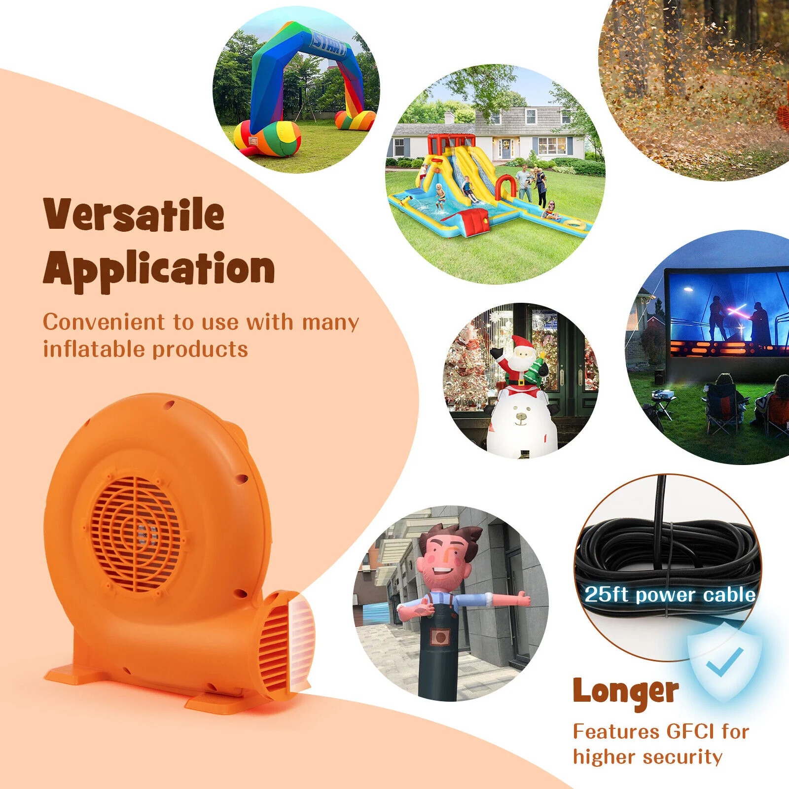 550W Air Blower For Inflatables, 25 Feet Wire, GFCI Plug, Orange - Image 9