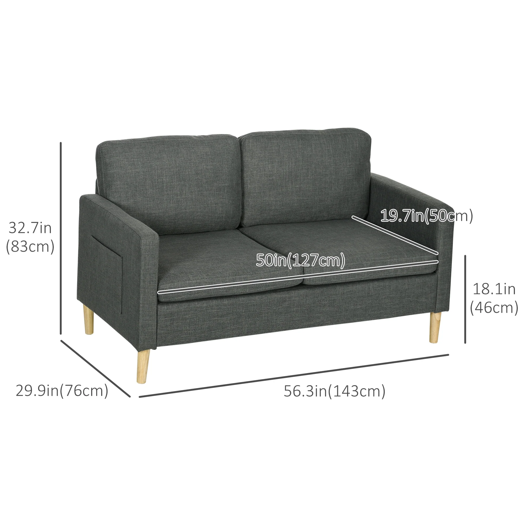 56" 2 Seat Sofa, Modern Love Seat, Upholstered Couch, Grey - Image 3