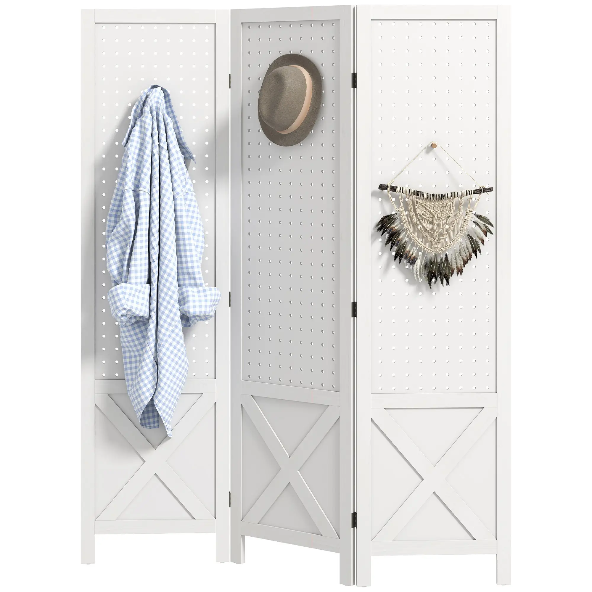 56.9" 3 Panel Wooden Room Divider With Pegboard Display, White