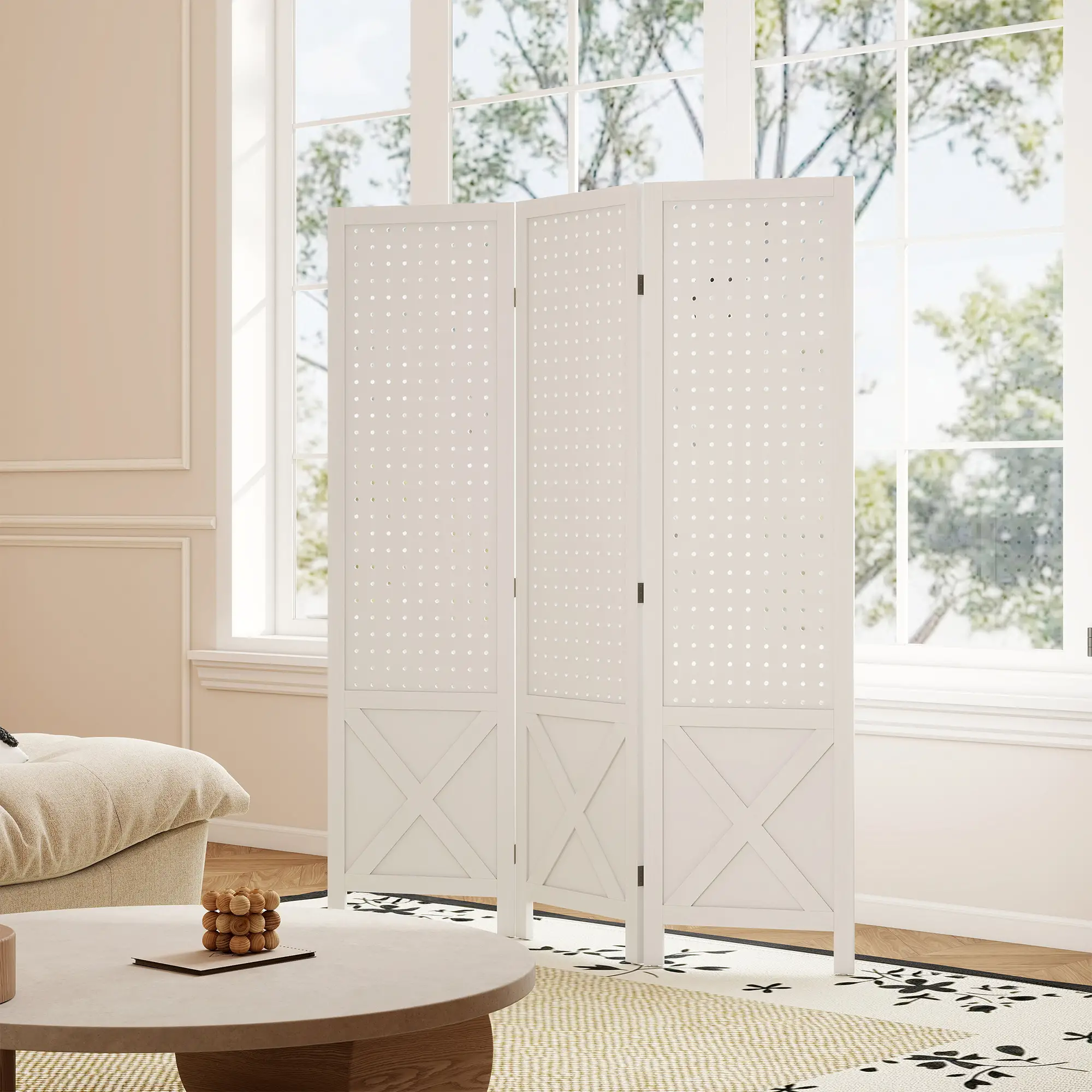 56.9" 3 Panel Wooden Room Divider With Pegboard Display, White - Image 10