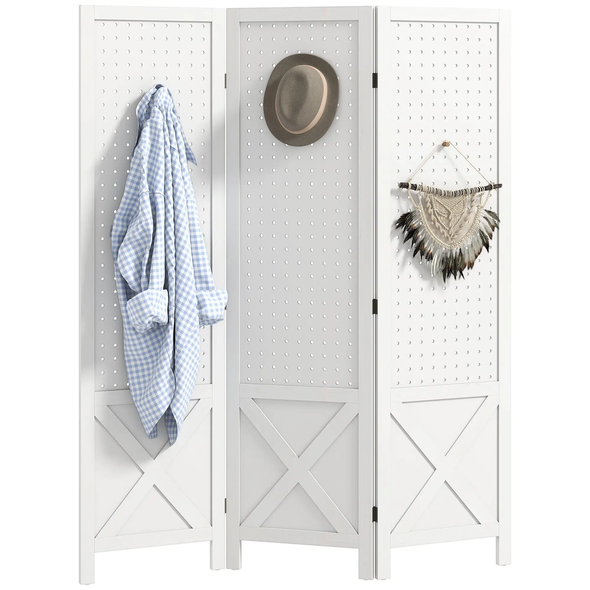 56.9" 3 Panel Wooden Room Divider With Pegboard Display, White - Image 11