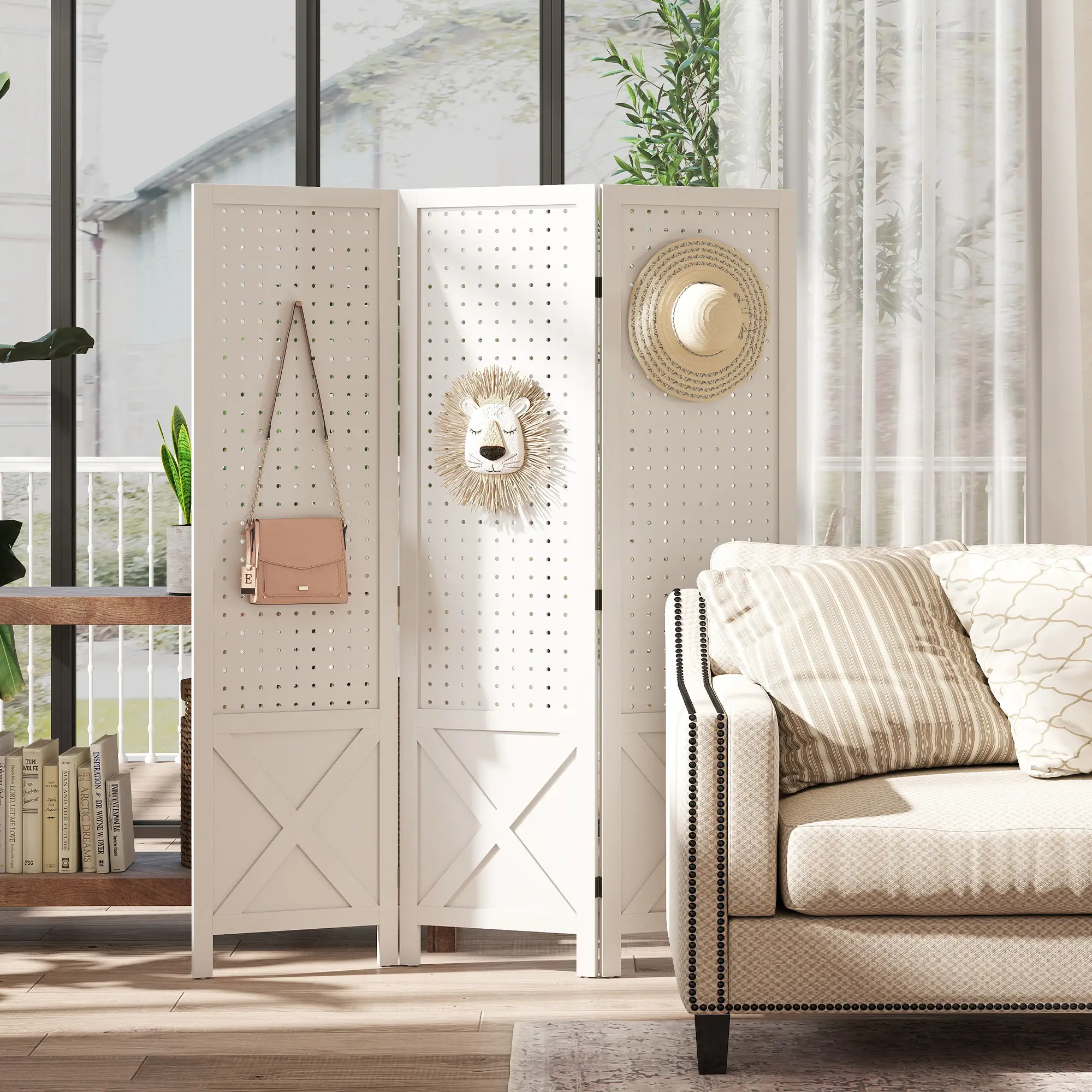 56.9" 3 Panel Wooden Room Divider With Pegboard Display, White - Image 2