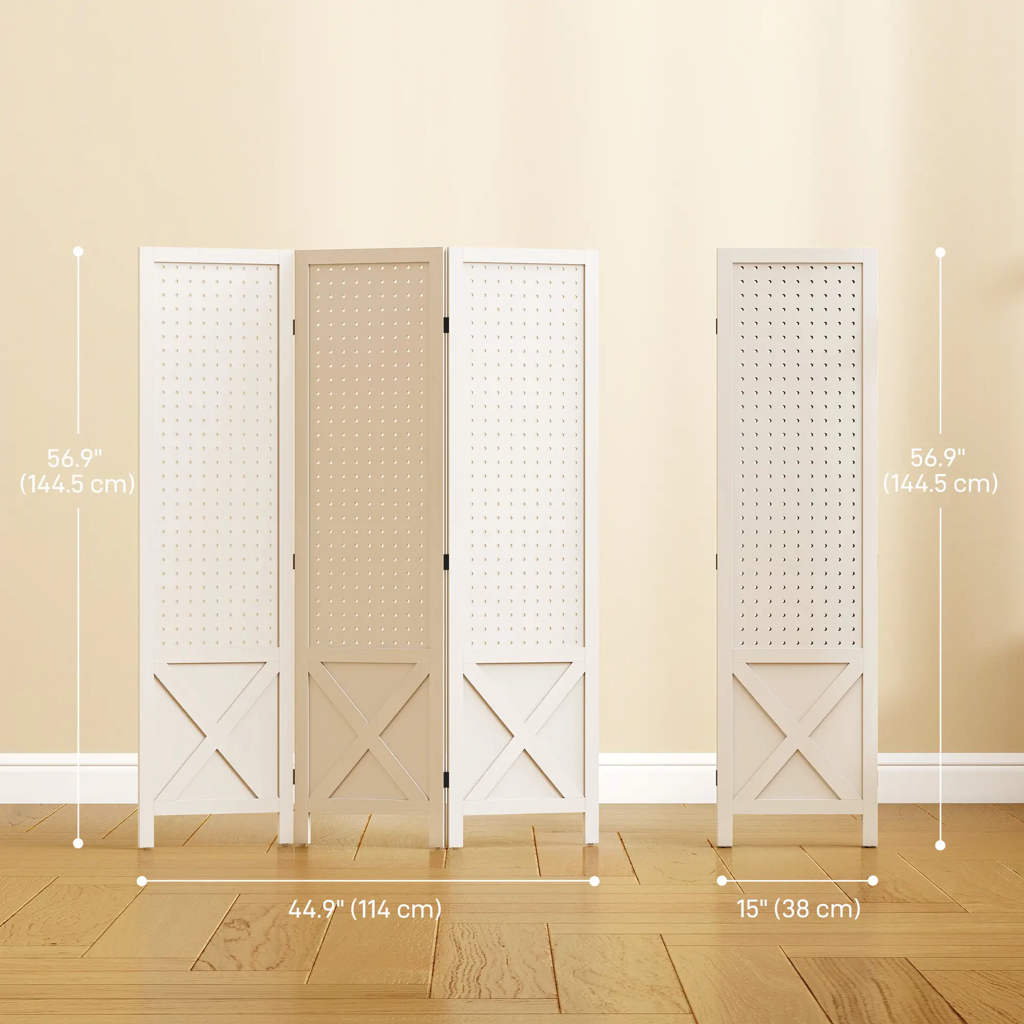 56.9" 3 Panel Wooden Room Divider With Pegboard Display, White - Image 3