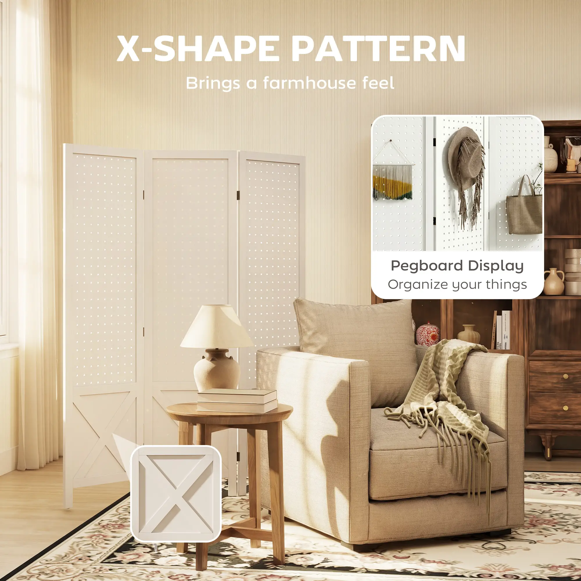 56.9" 3 Panel Wooden Room Divider With Pegboard Display, White - Image 4