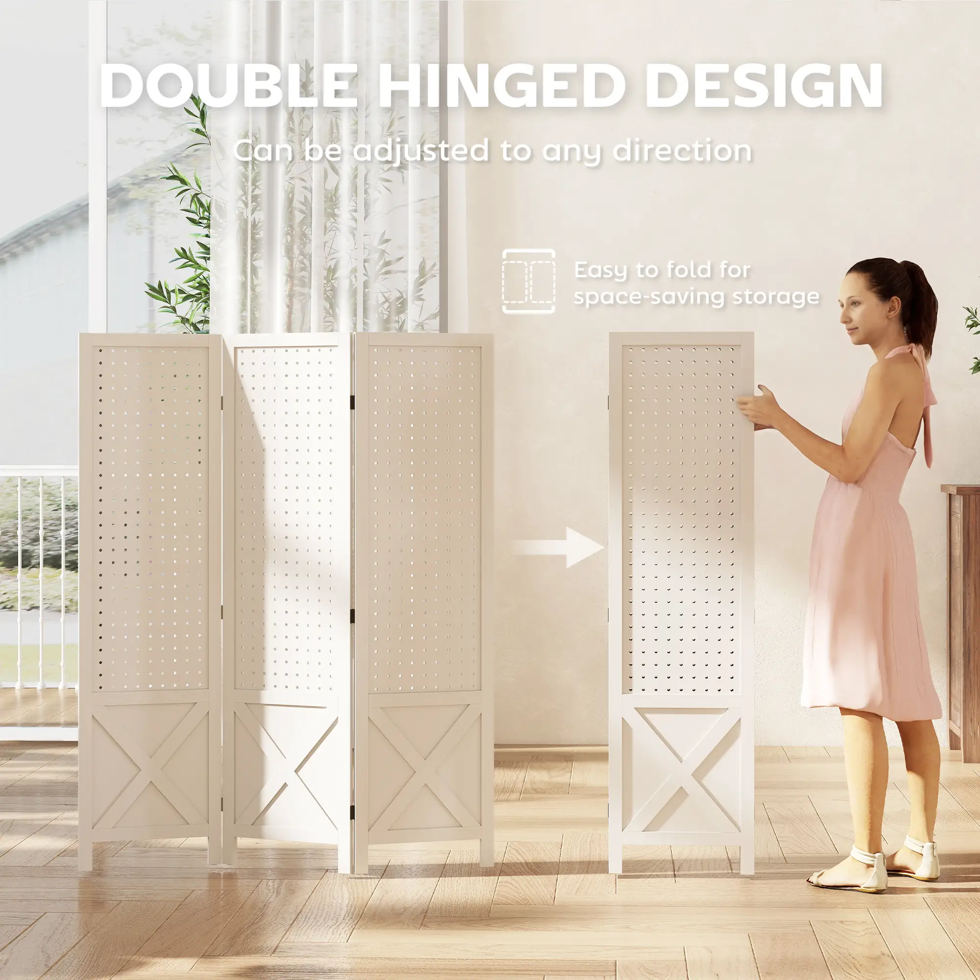 56.9" 3 Panel Wooden Room Divider With Pegboard Display, White - Image 6