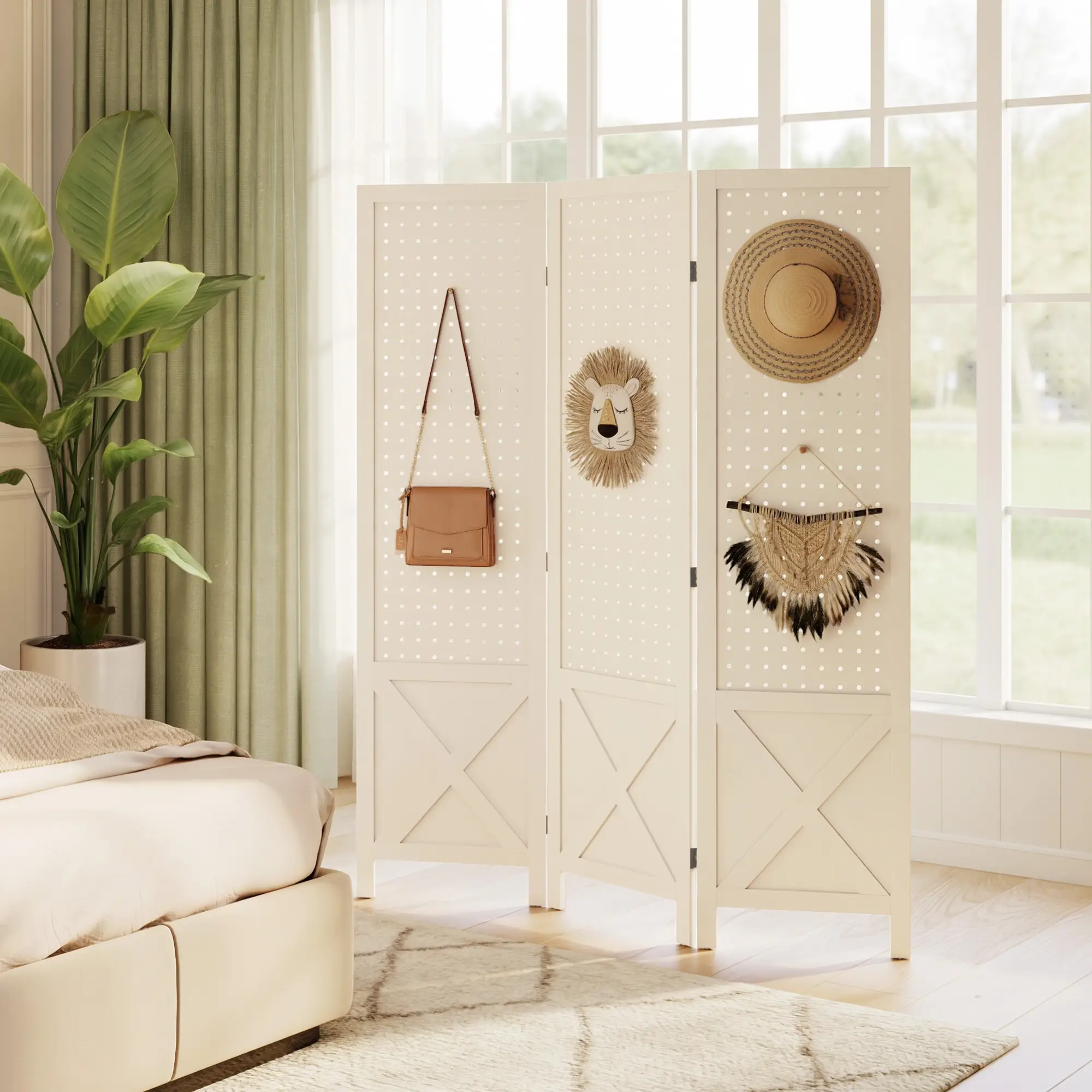 56.9" 3 Panel Wooden Room Divider With Pegboard Display, White - Image 7