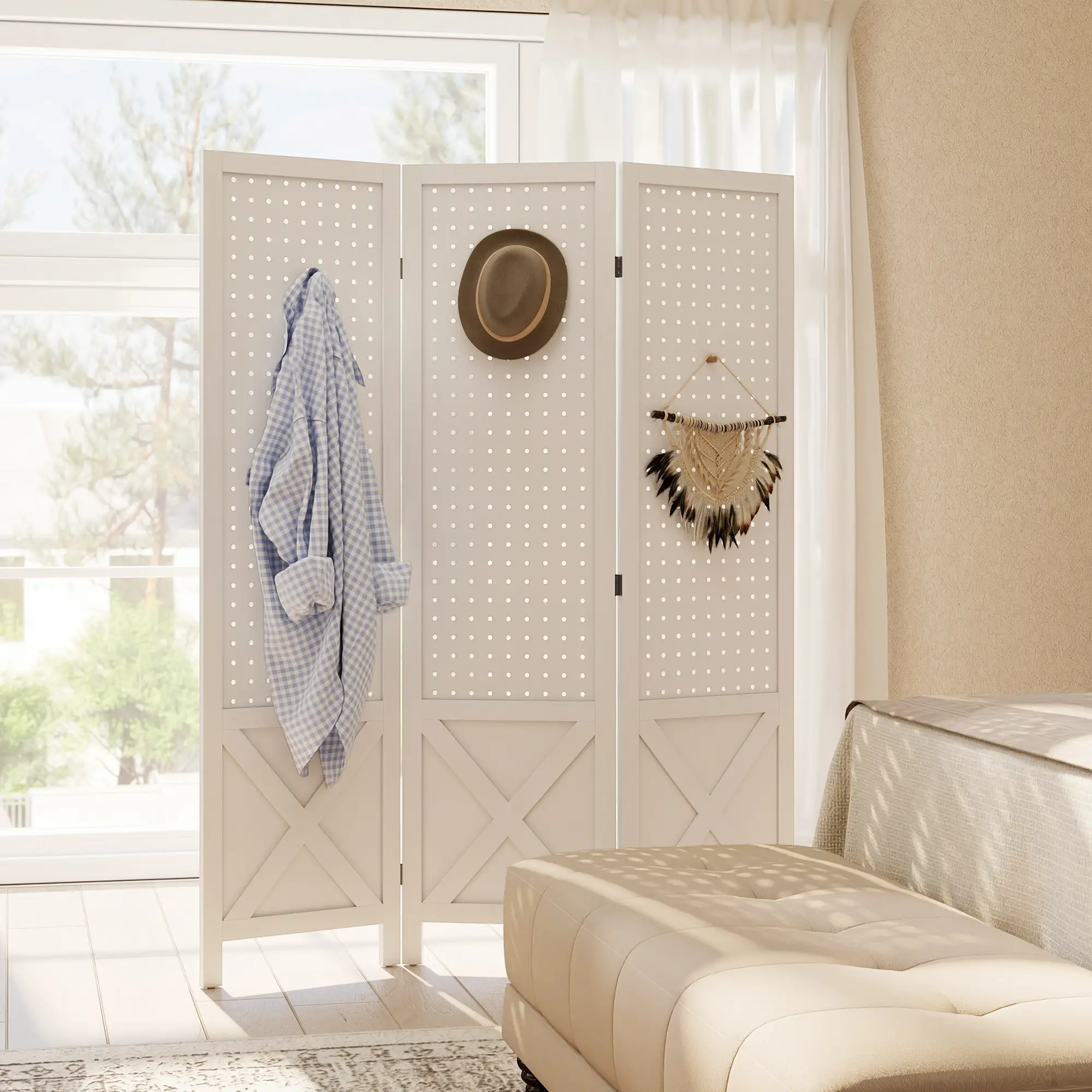 56.9" 3 Panel Wooden Room Divider With Pegboard Display, White - Image 8