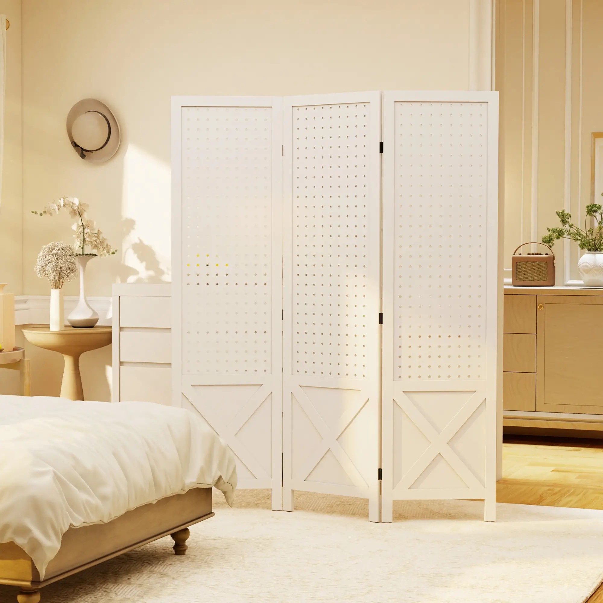 56.9" 3 Panel Wooden Room Divider With Pegboard Display, White - Image 9