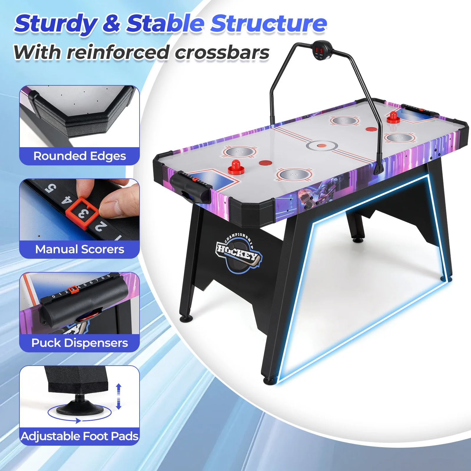 56 Inch Air Hockey Table, LED Digital Scoreboard, 12V Motor, White - Image 10