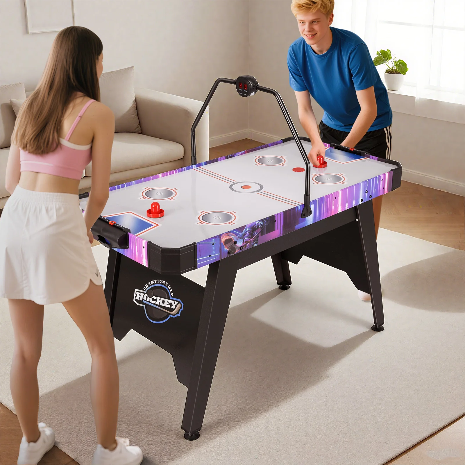 56 Inch Air Hockey Table, LED Digital Scoreboard, 12V Motor, White - Image 3