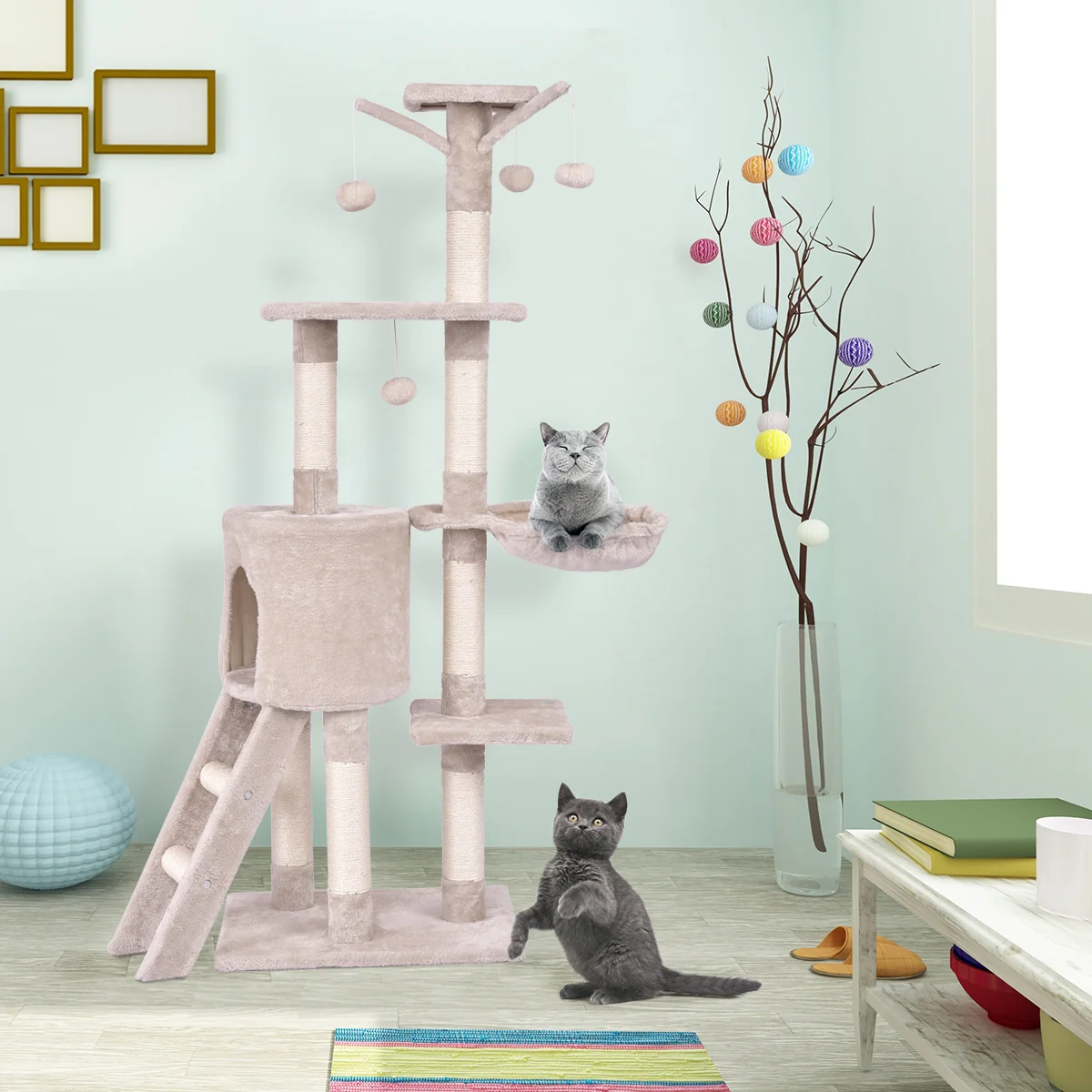 56 Inch Condo Scratching Posts Ladder Cat Play Tree, Beige - Image 2