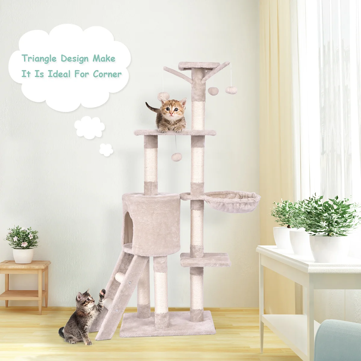 56 Inch Condo Scratching Posts Ladder Cat Play Tree, Beige - Image 3