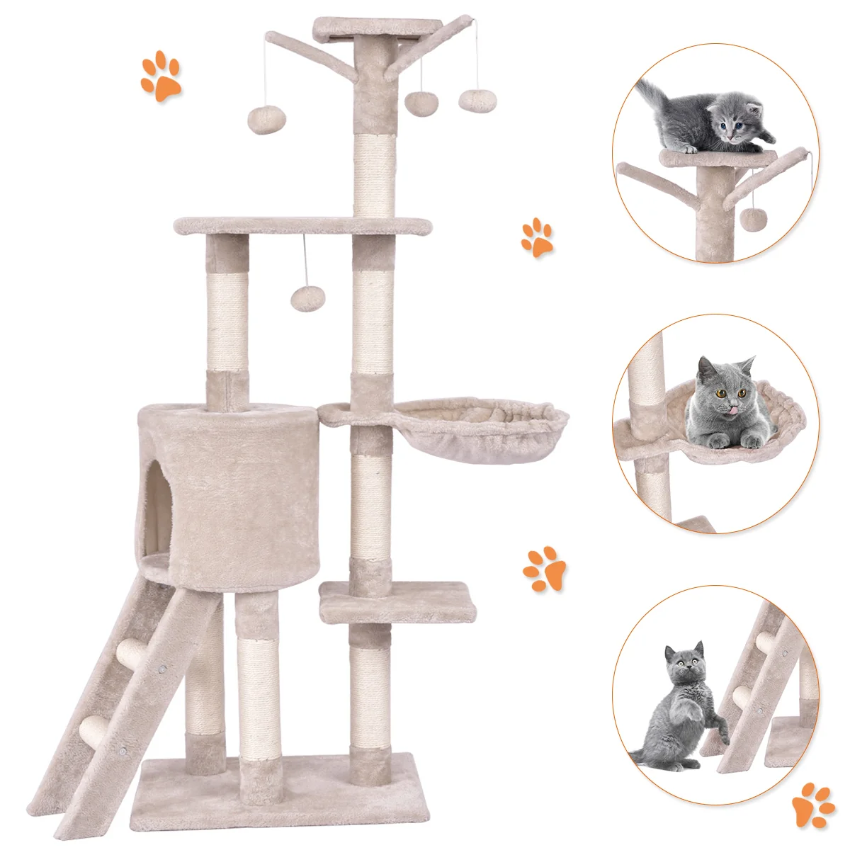 56 Inch Condo Scratching Posts Ladder Cat Play Tree, Beige - Image 7